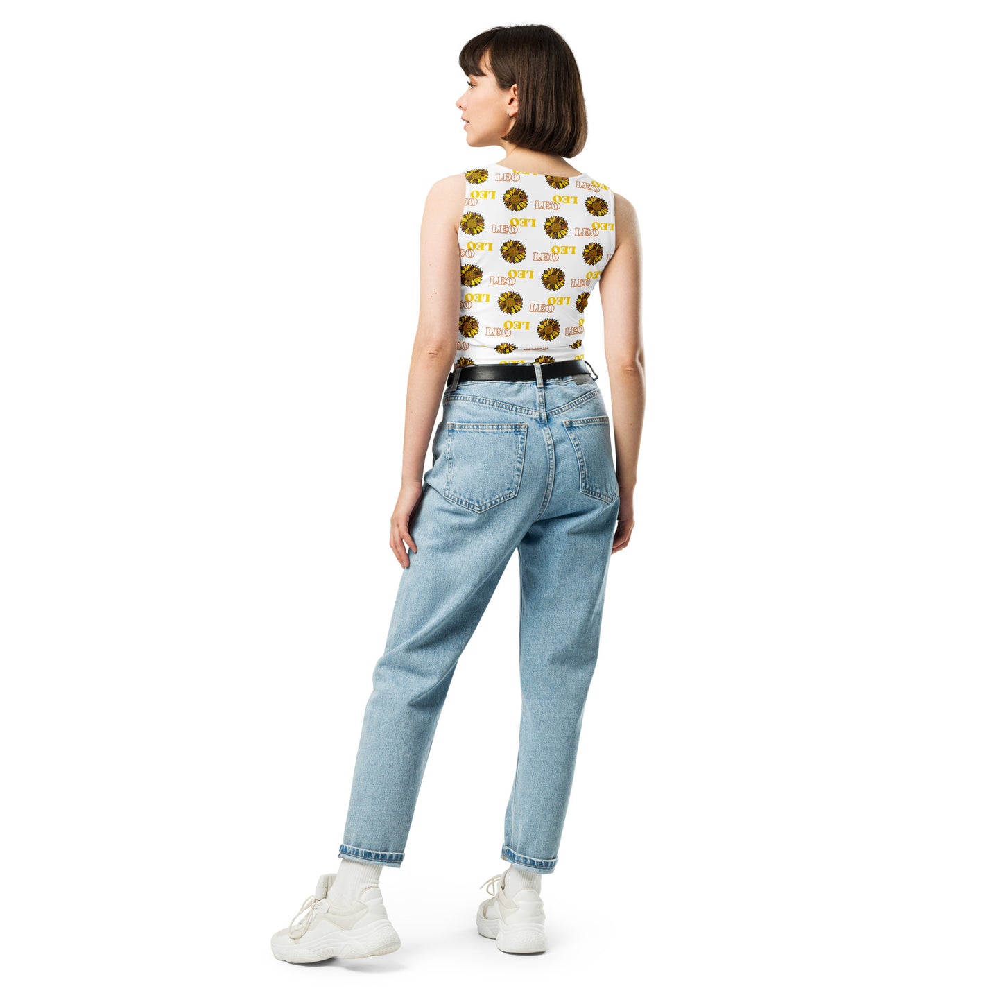 woman wearing white crop top with yellow Leo text and bright sunflower pattern