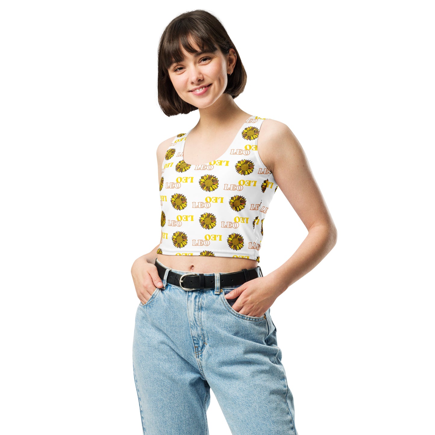 woman wearing white crop top with yellow Leo text and bright sunflower pattern