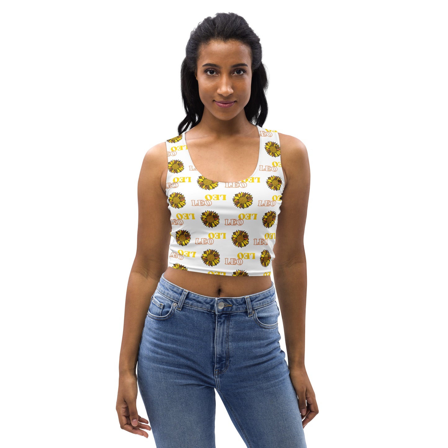 woman wearing white crop top with yellow Leo text and bright sunflower pattern