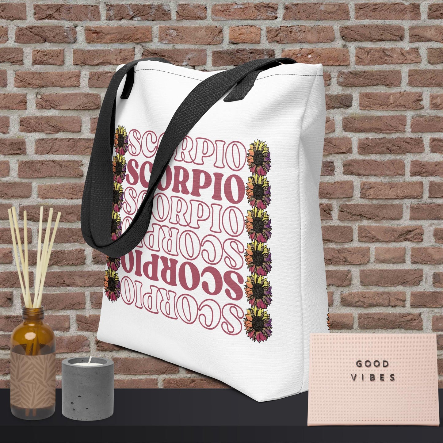 Scorpio zodiac tote bag in white with girly goth aesthetic and leopard flowers and black purse straps