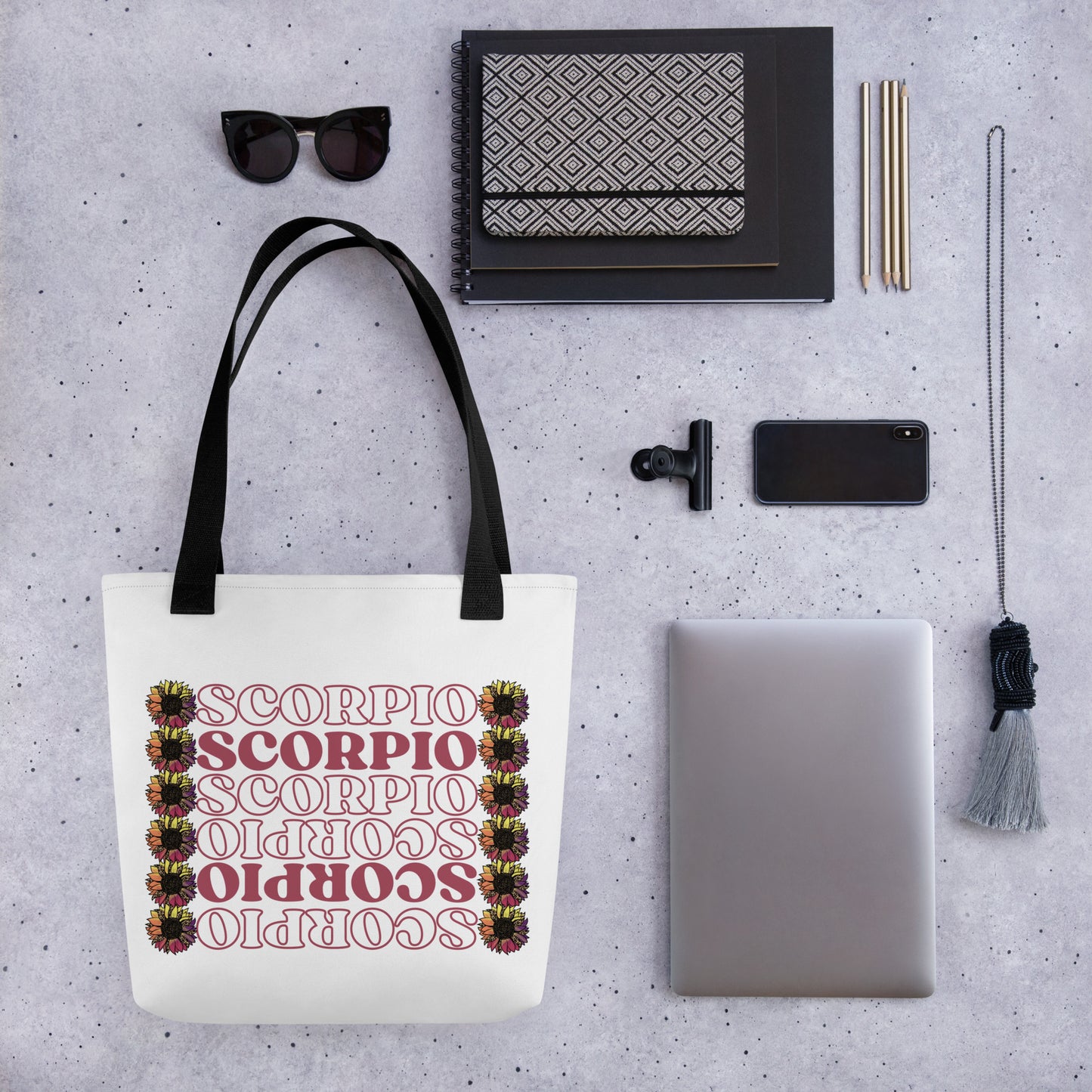 Scorpio zodiac tote bag in white with girly goth aesthetic and leopard flowers and black purse straps