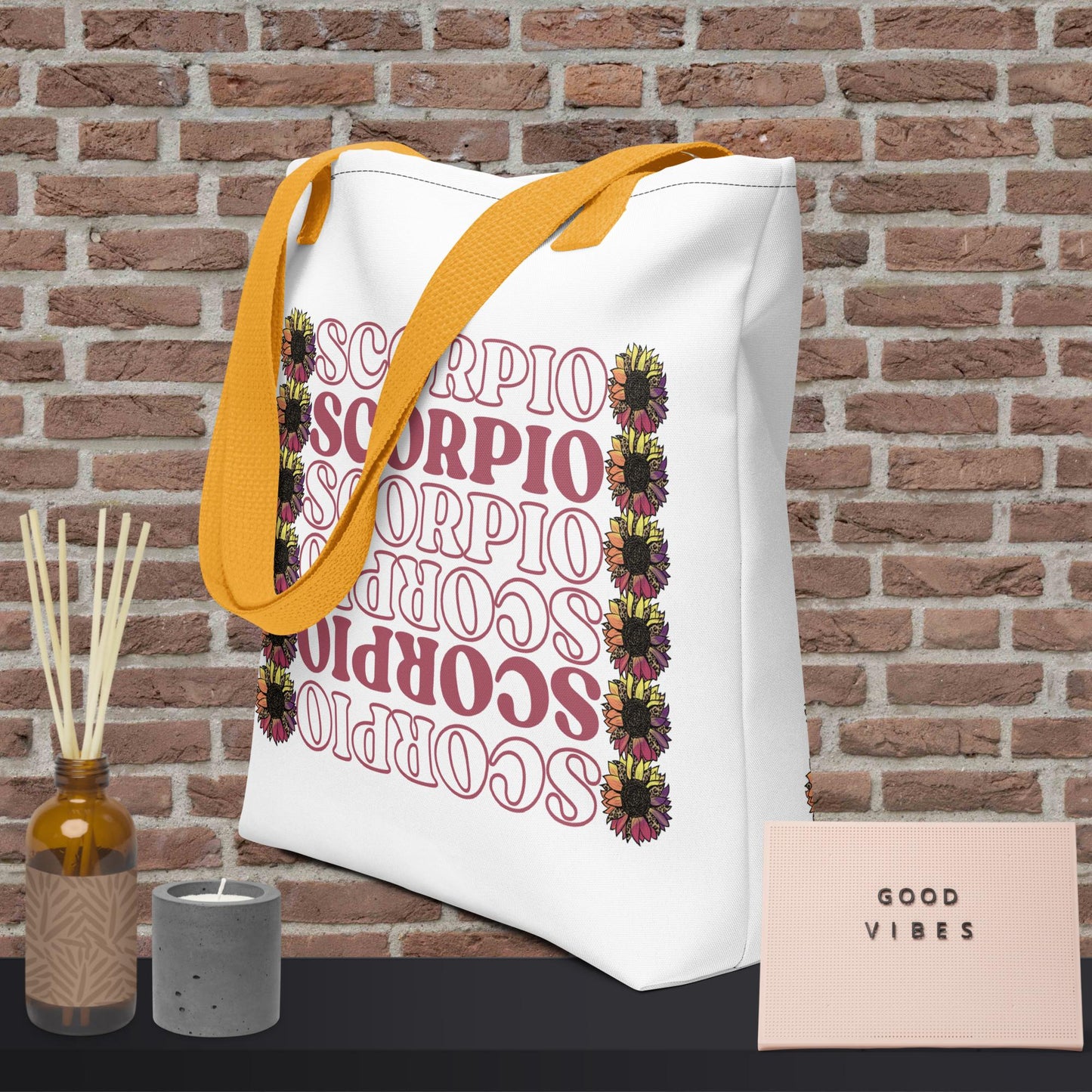Scorpio zodiac tote bag in white with girly goth aesthetic and leopard flowers and yellow purse straps