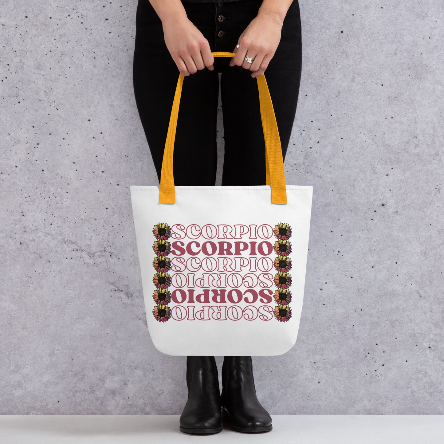 Scorpio zodiac tote bag in white with girly goth aesthetic and leopard flowers and yellow purse straps