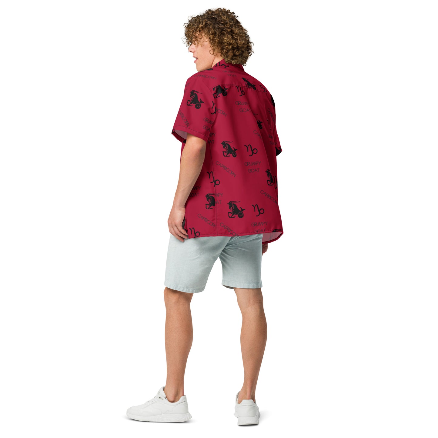 unisex astrology "Grumpy Goat" all-over print button-up shirt in red, featuring playful Capricorn graphics and a cheeky slogan, perfect for showcasing your Capricorn pride.