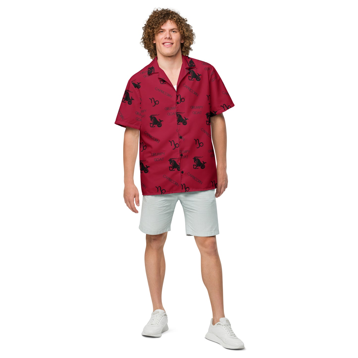 unisex astrology "Grumpy Goat" all-over print button-up shirt in red, featuring playful Capricorn graphics and a cheeky slogan, perfect for showcasing your Capricorn pride.