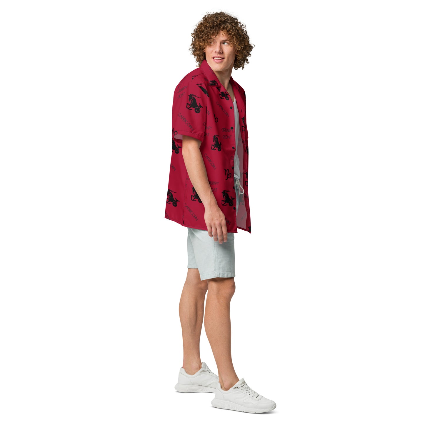 unisex astrology "Grumpy Goat" all-over print button-up shirt in red, featuring playful Capricorn graphics and a cheeky slogan, perfect for showcasing your Capricorn pride.