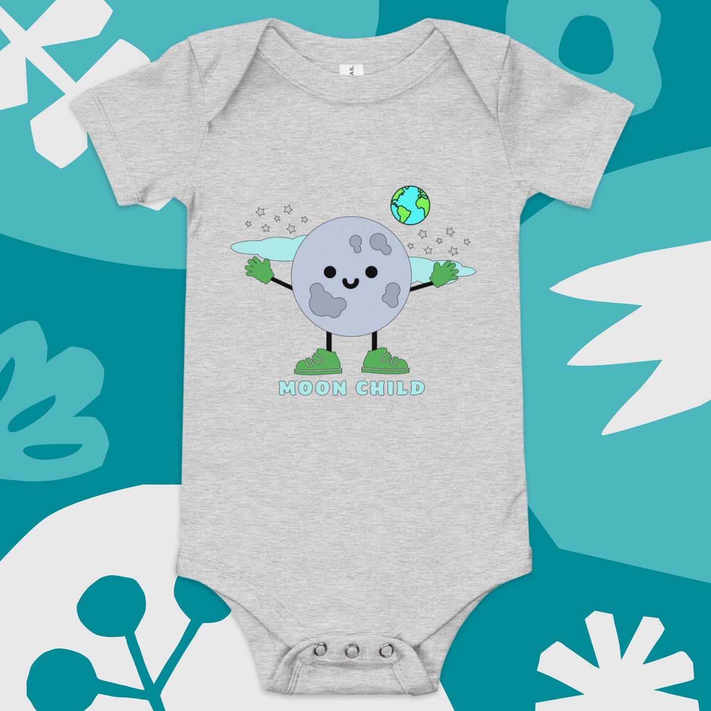 moonchild light grey blue bella canvas baby onesie with cartoon moon character, stars, and earth graphic