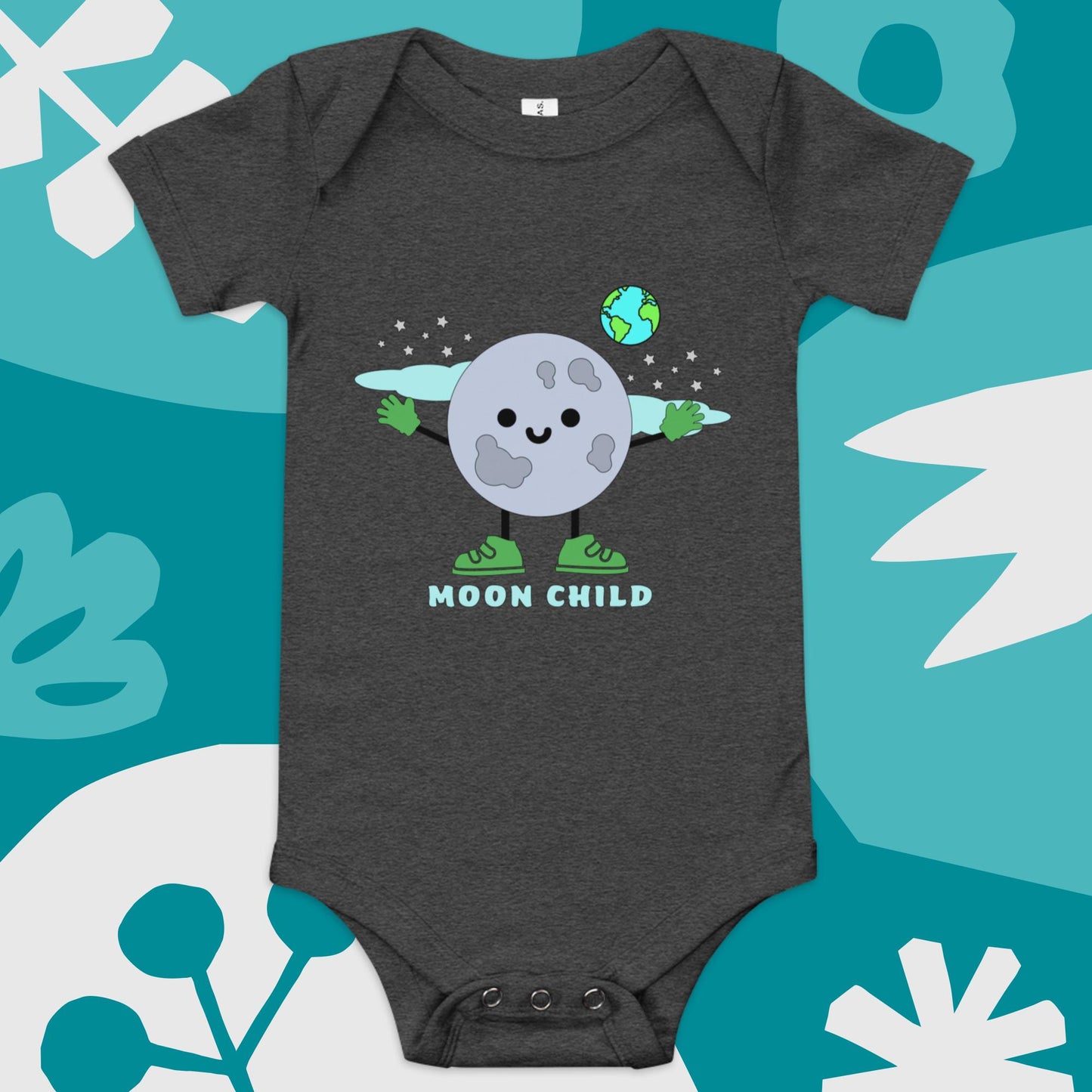 moonchild dark heather grey bella canvas baby onesie with cartoon moon character, stars, and earth graphic