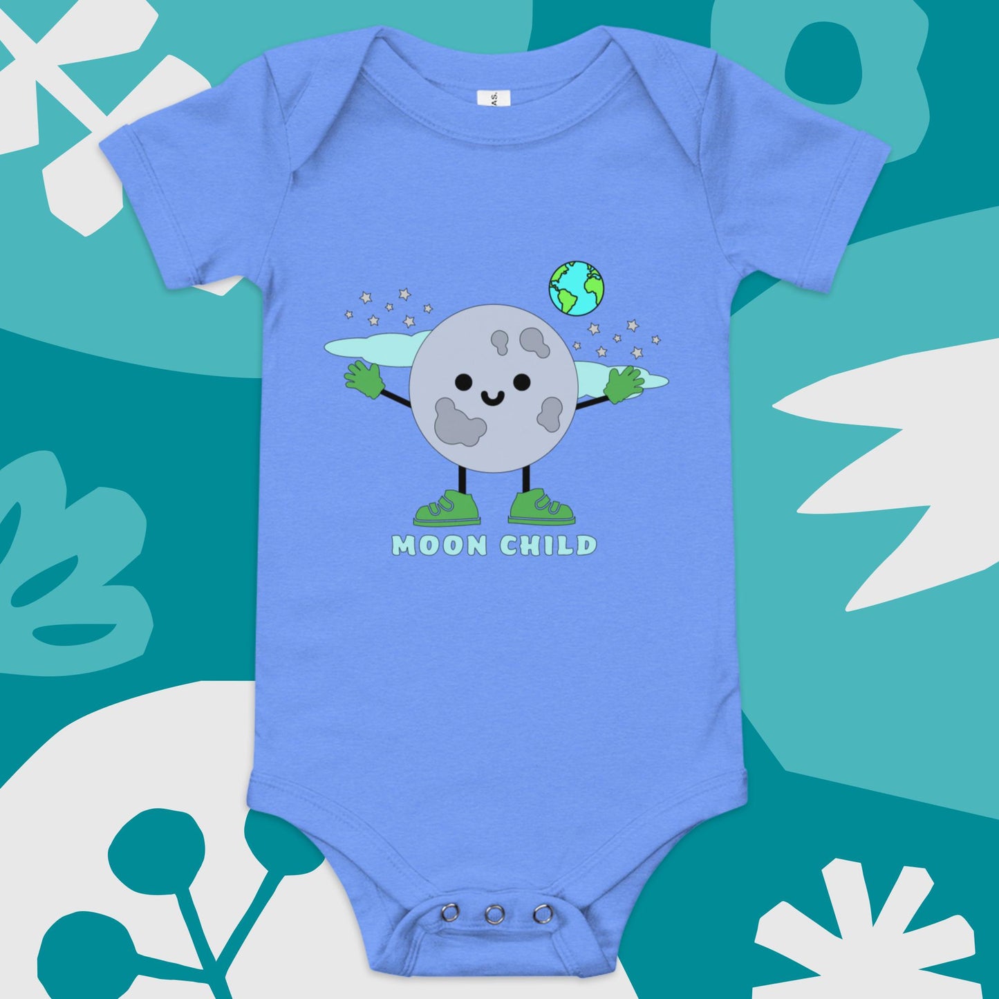 moonchild carolina blue bella canvas baby onesie with cartoon moon character, stars, and earth graphic