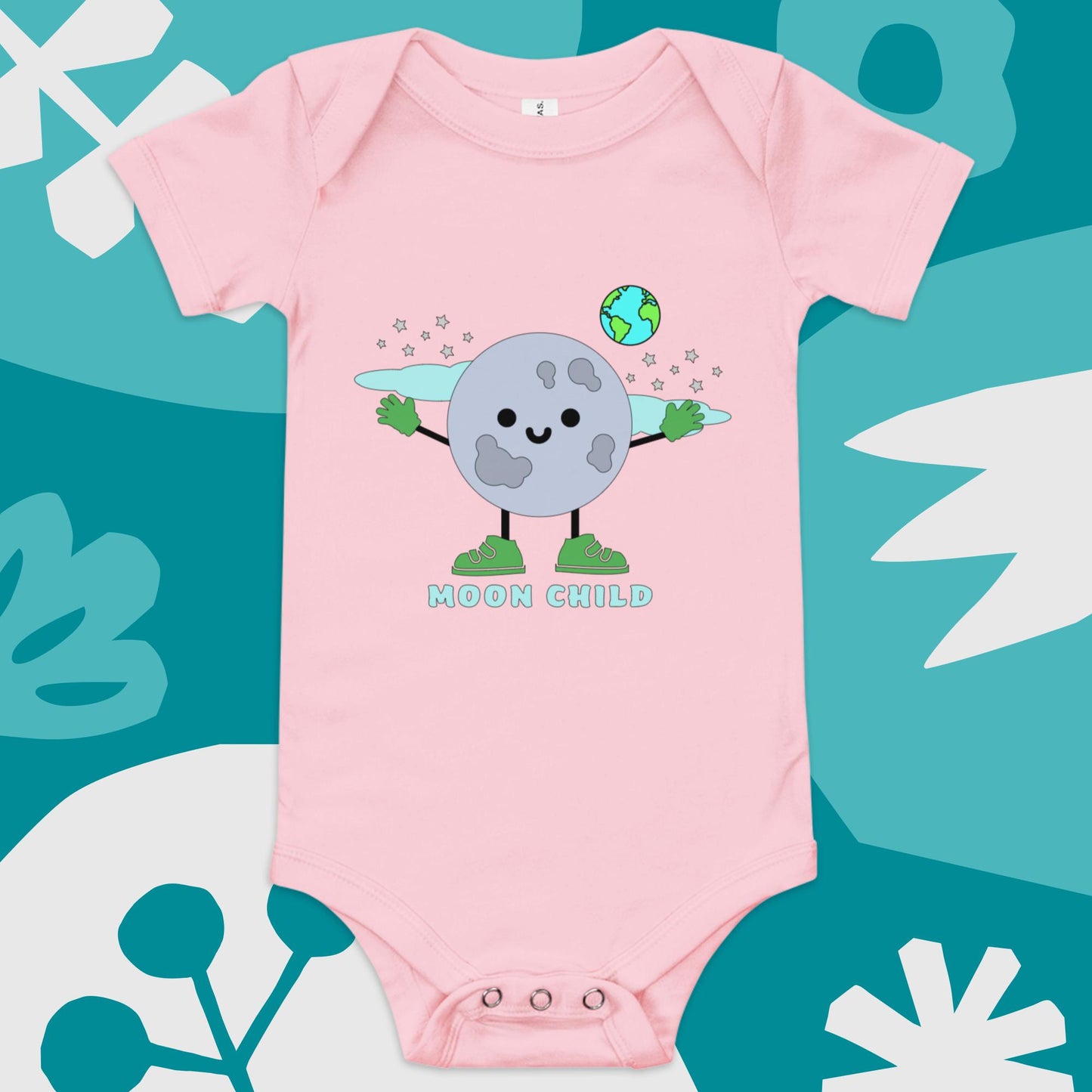 moonchild pink bella canvas baby onesie with cartoon moon character, stars, and earth graphic