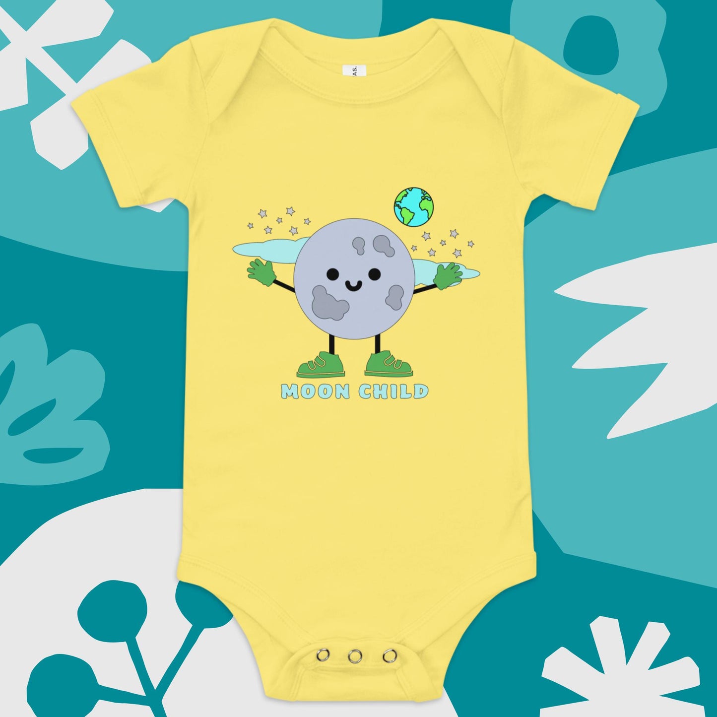 moonchild yellow bella canvas baby onesie with cartoon moon character, stars, and earth graphic