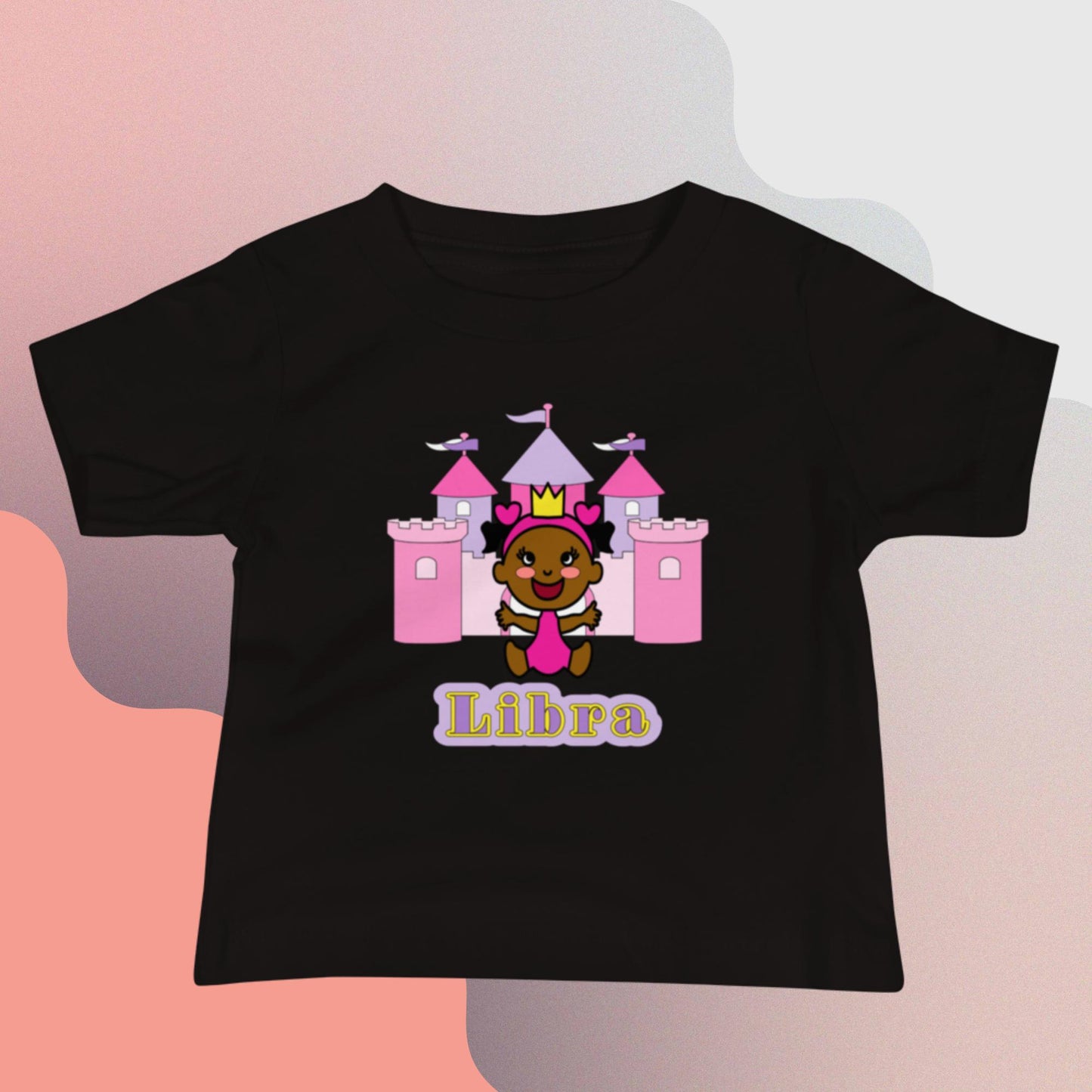 Adorable black toddler tee featuring a happy black princess with Libra zodiac symbols and celestial graphics, perfect for showcasing Libra pride and playful charm