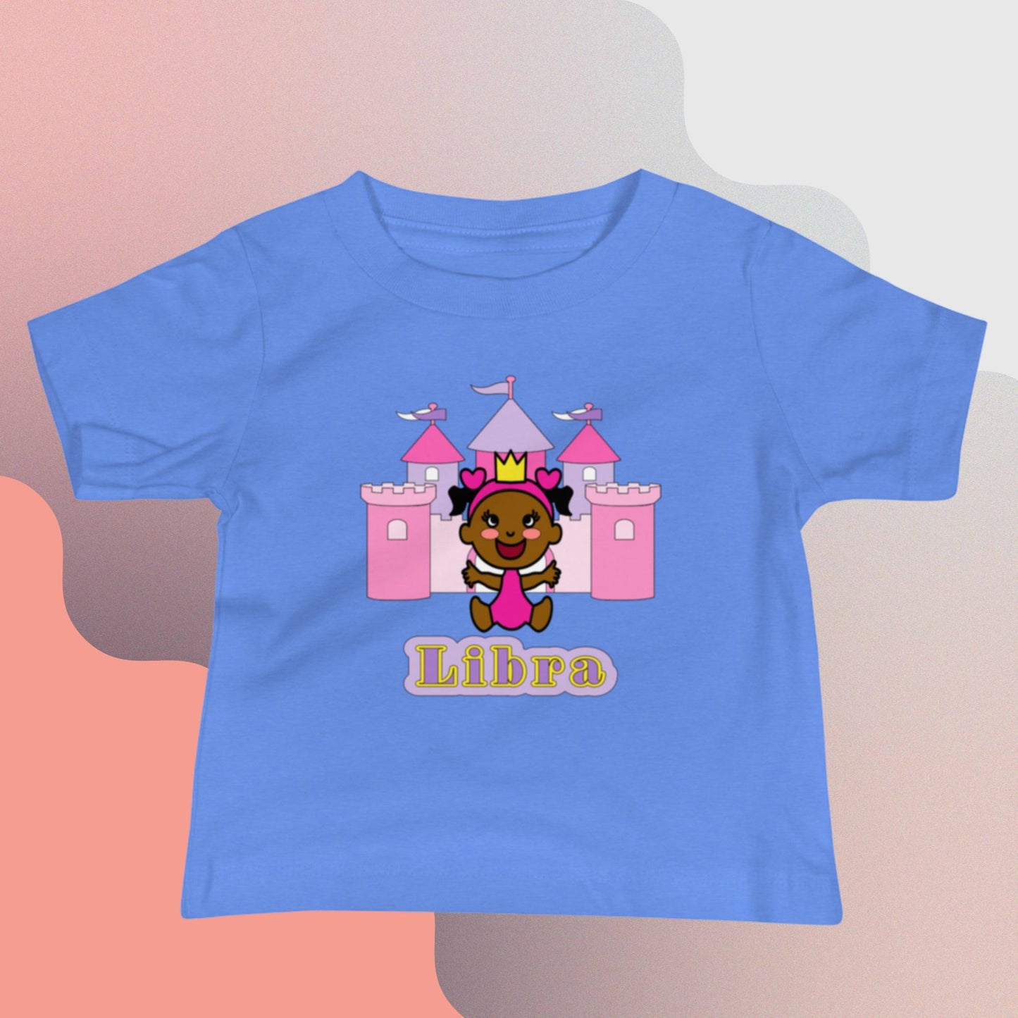 Adorable blue toddler tee featuring a happy black princess with Libra zodiac symbols and celestial graphics, perfect for showcasing Libra pride and playful charm