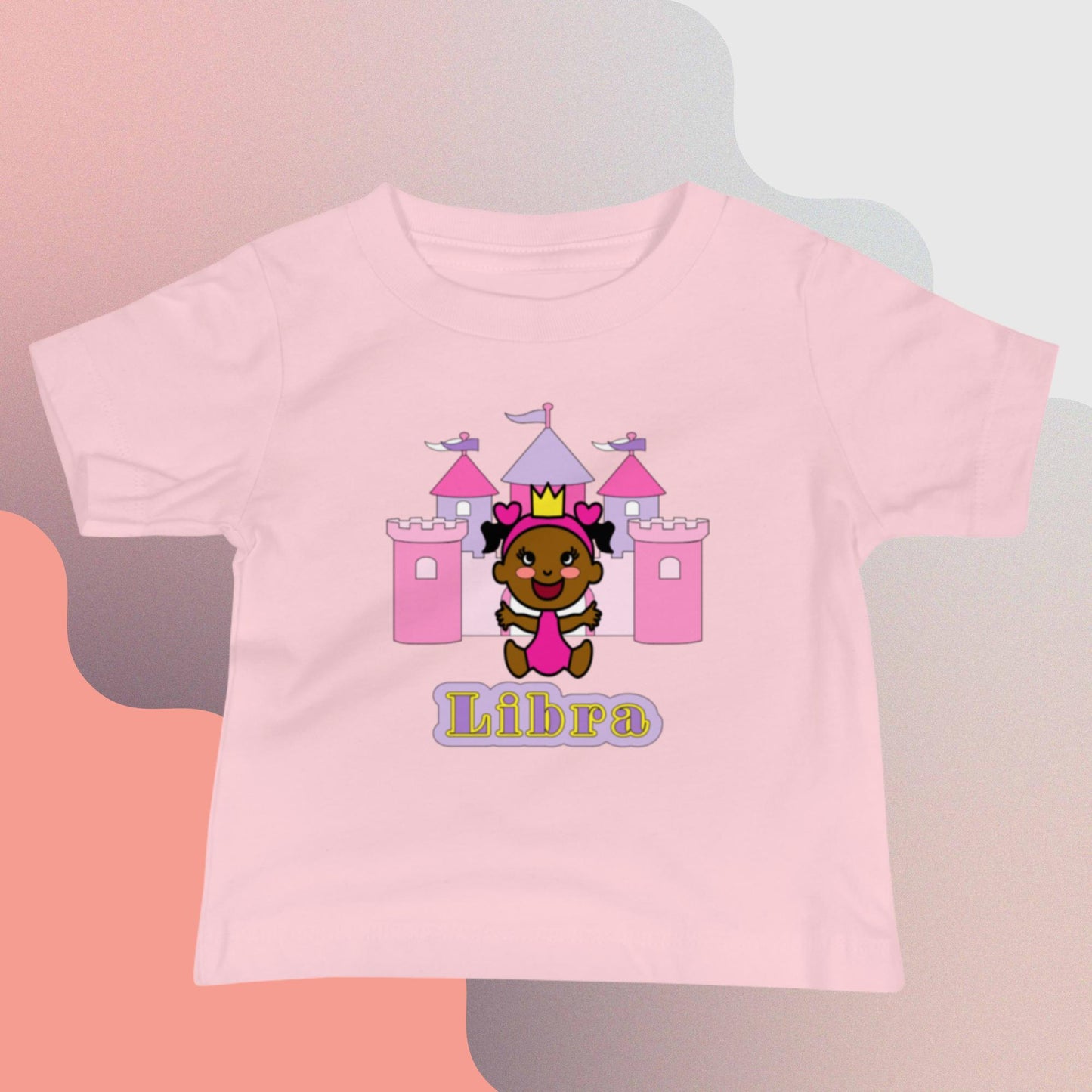 Adorable pink toddler tee featuring a happy black princess with Libra zodiac symbols and celestial graphics, perfect for showcasing Libra pride and playful charm