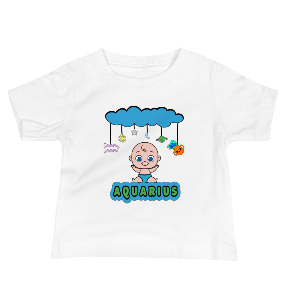 white baby t-shirt featuring joyful light-skinned baby and a mobile with a cloud, star, moon, Aquarius symbol, Saturn, and a cartoon pot spilling water. The design combines playful celestial elements with a cozy fit