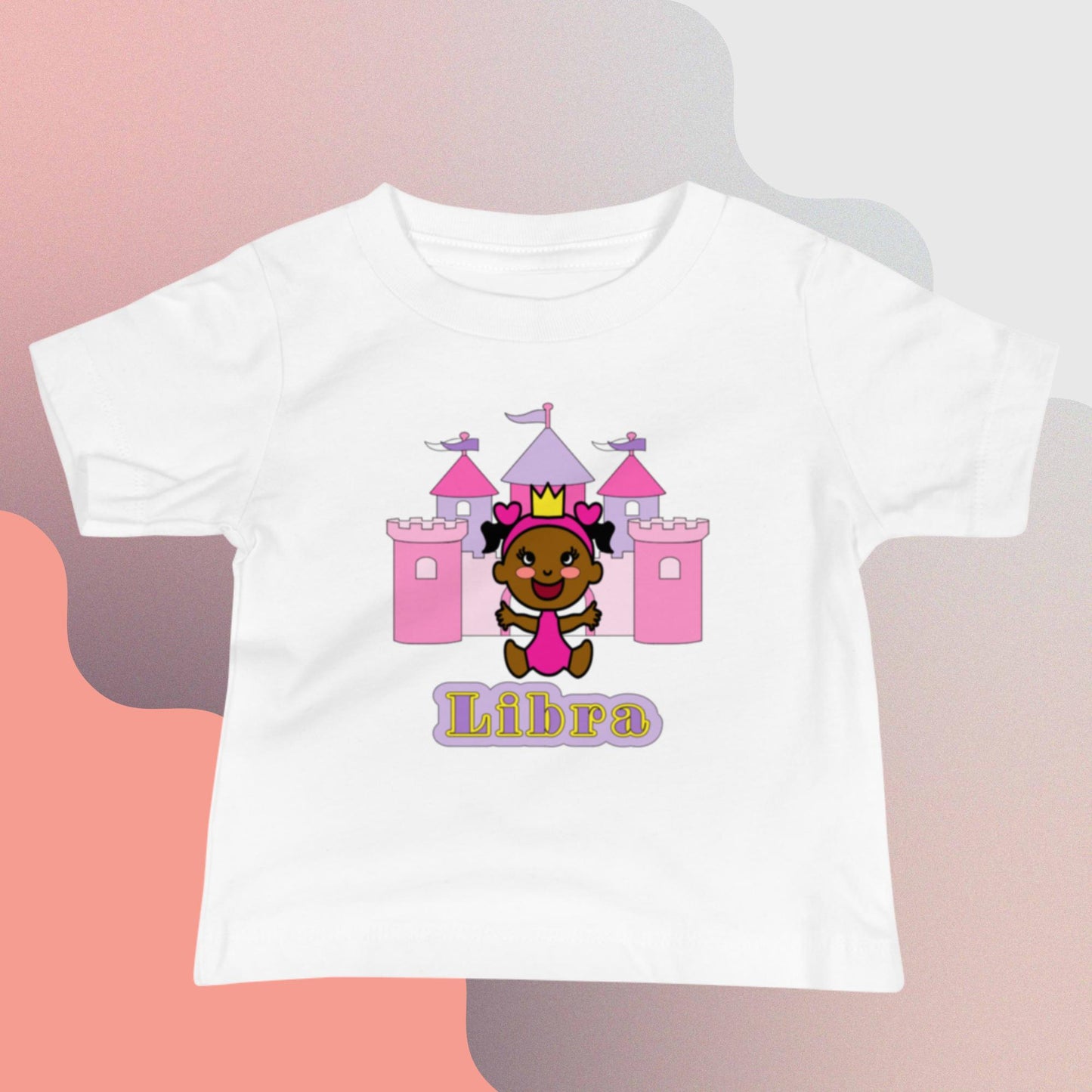 Adorable white toddler tee featuring a happy black princess with Libra zodiac symbols and celestial graphics, perfect for showcasing Libra pride and playful charm
