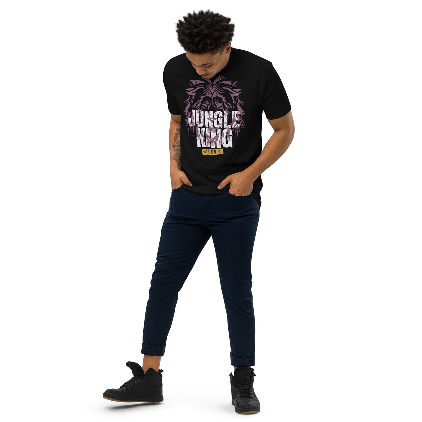 model wearing black Leo zodiac sign t-shirt with strking purple lion graphic