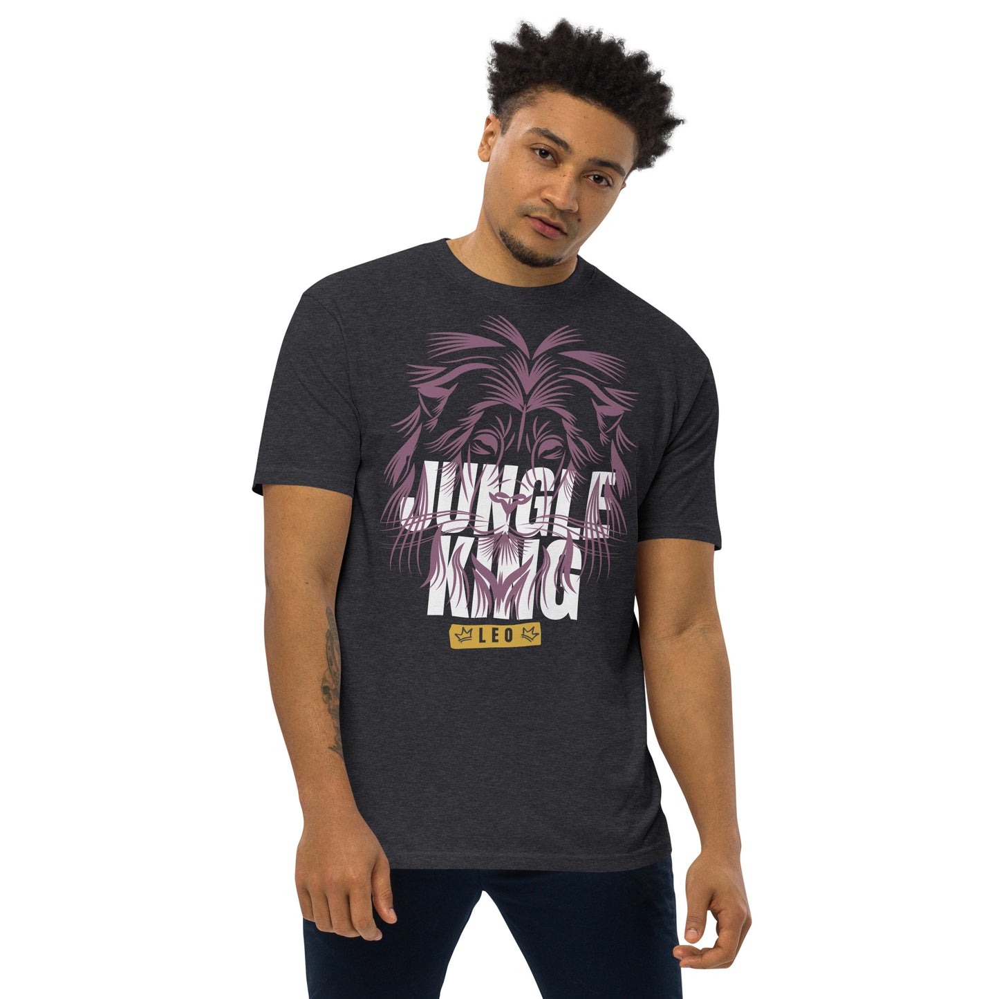 model wearing men's bold Leo star sign t-shirtwith the words jungle king and a bold purple lion