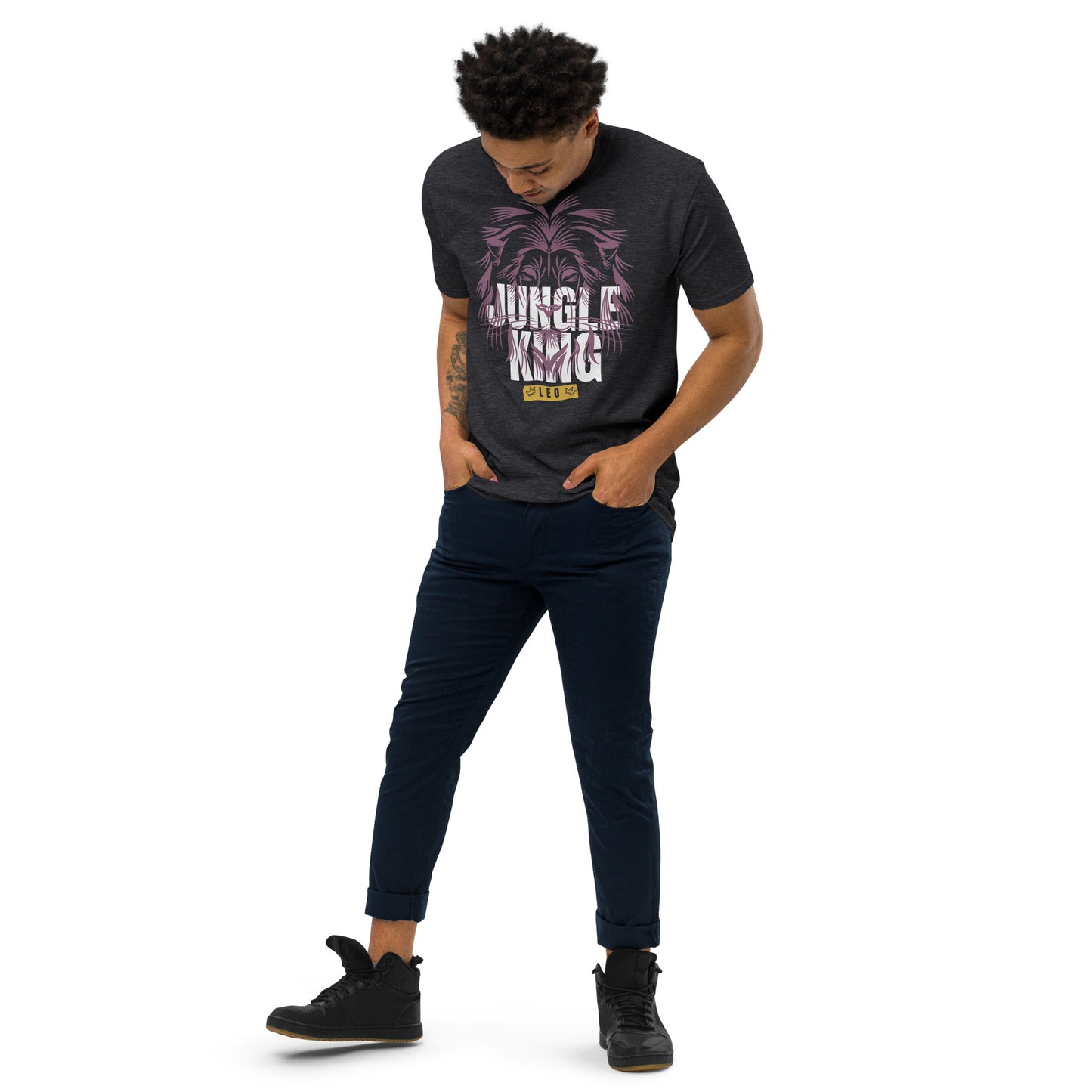 model wearing men's bold Leo star sign t-shirtwith the words jungle king and a bold purple lion