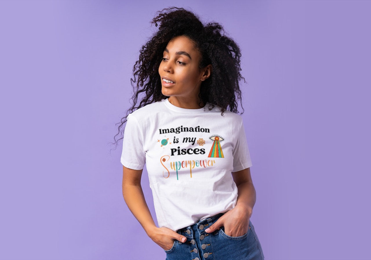 White retro Pisces t-shirt featuring groovy colors and graphics, perfect for showcasing your zodiac sign with nostalgic flair.