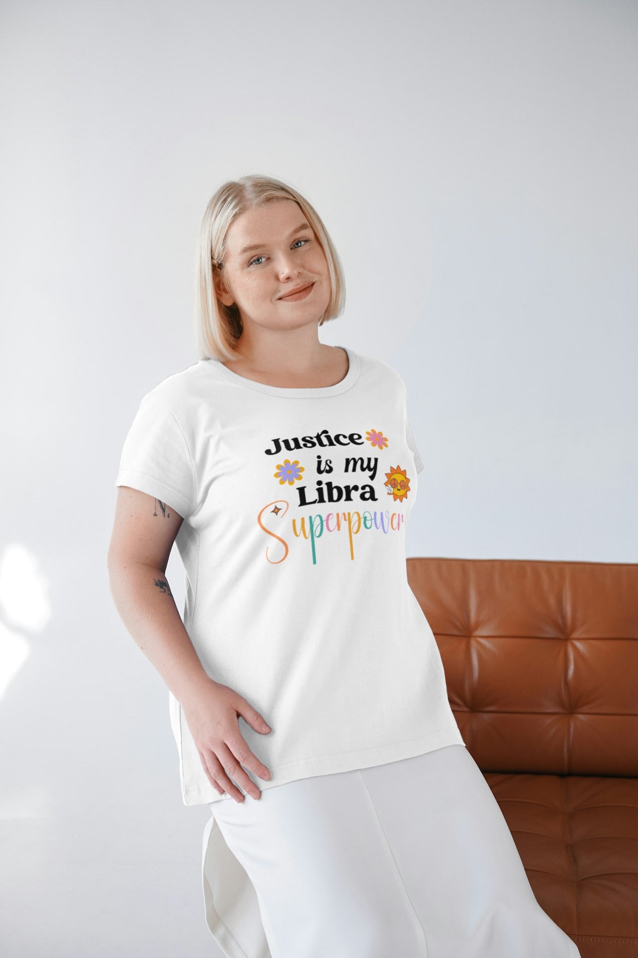 white Retro "Justice Is My Libra Superpower" T-shirt with groovy, vintage-inspired graphics, celebrating the Libra zodiac sign's commitment to fairness and balance.