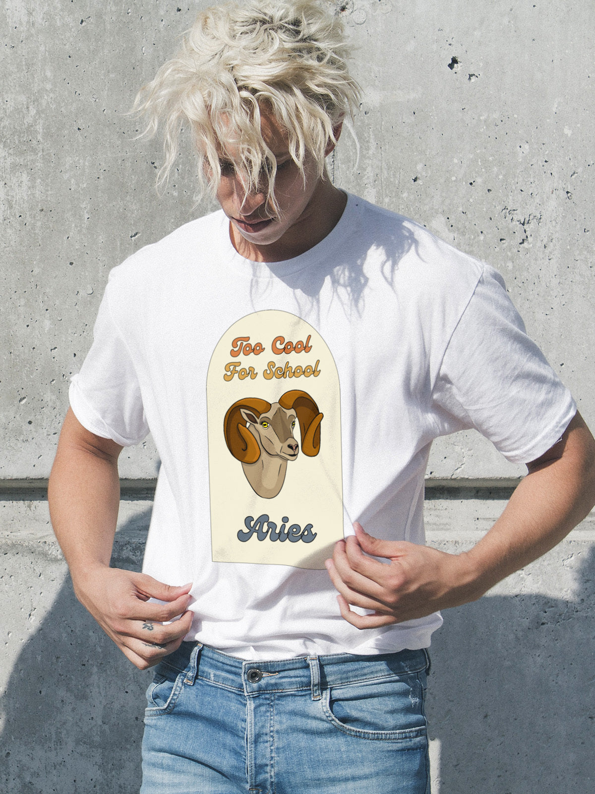 white aries zodiac sign retro t-shirt that says too cool for school aries with a picture of a cartoon ram