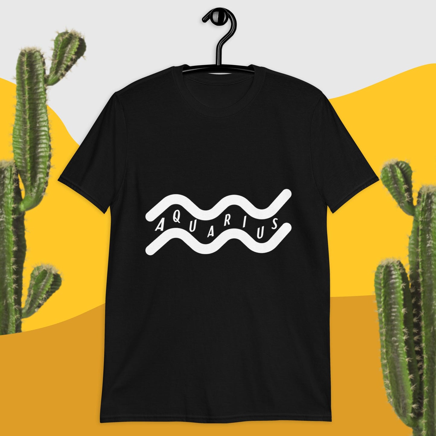Black t-shirt with white Aquarius symbol. Aquarius spelled out in-between two wavy lines in symbol.