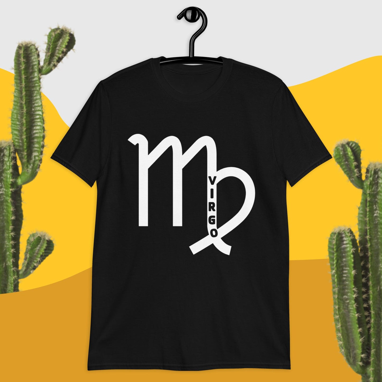 Black t-shirt with white Virgo symbol. Virgo is spelled out with zodiac sign.