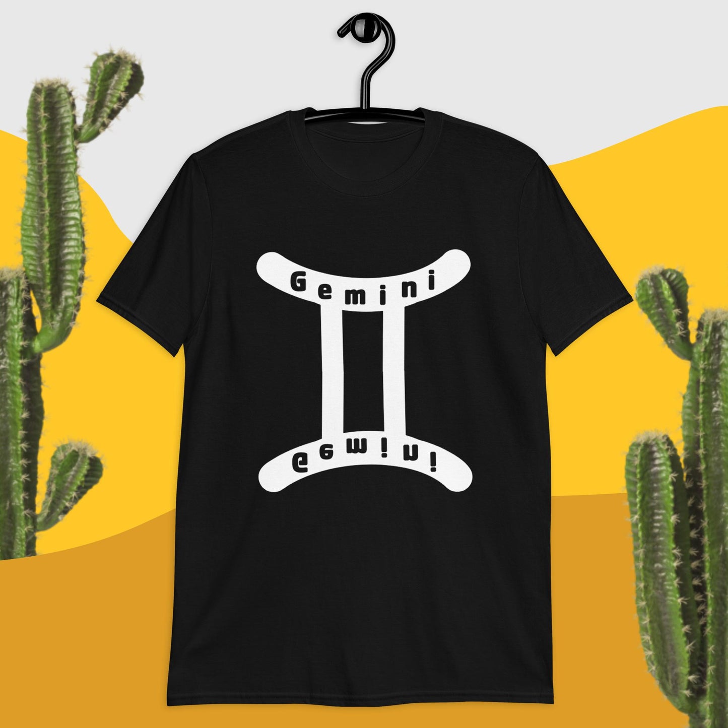 Black Zodiac T-Shirt with white Gemini symbol. Gemini is spelled out in the symbol in the top curve of the symbol and mirrored upside down on the bottom curve in the symbol