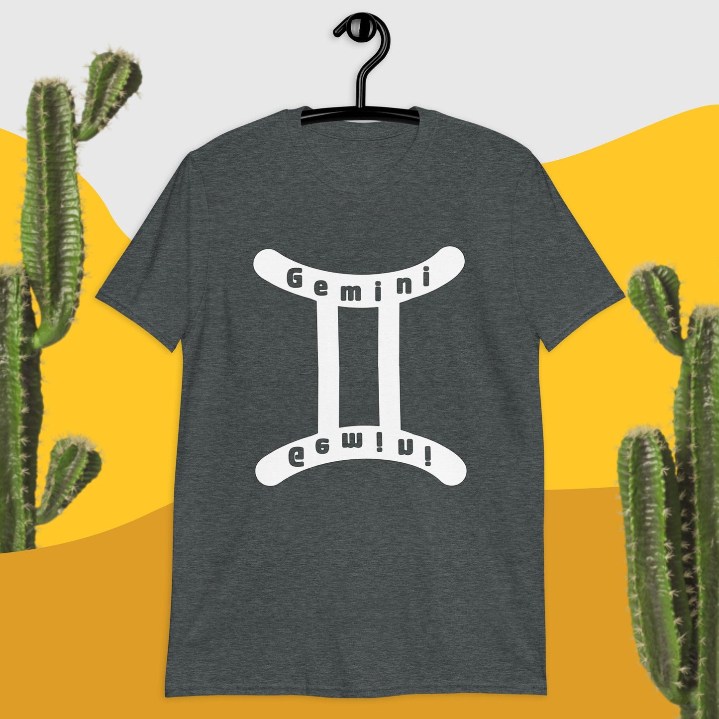 Heather T-Shirt with white Gemini symbol. Gemini is spelled out in the symbol in the top curve of the symbol and mirrored upside down on the bottom curve in the symbol