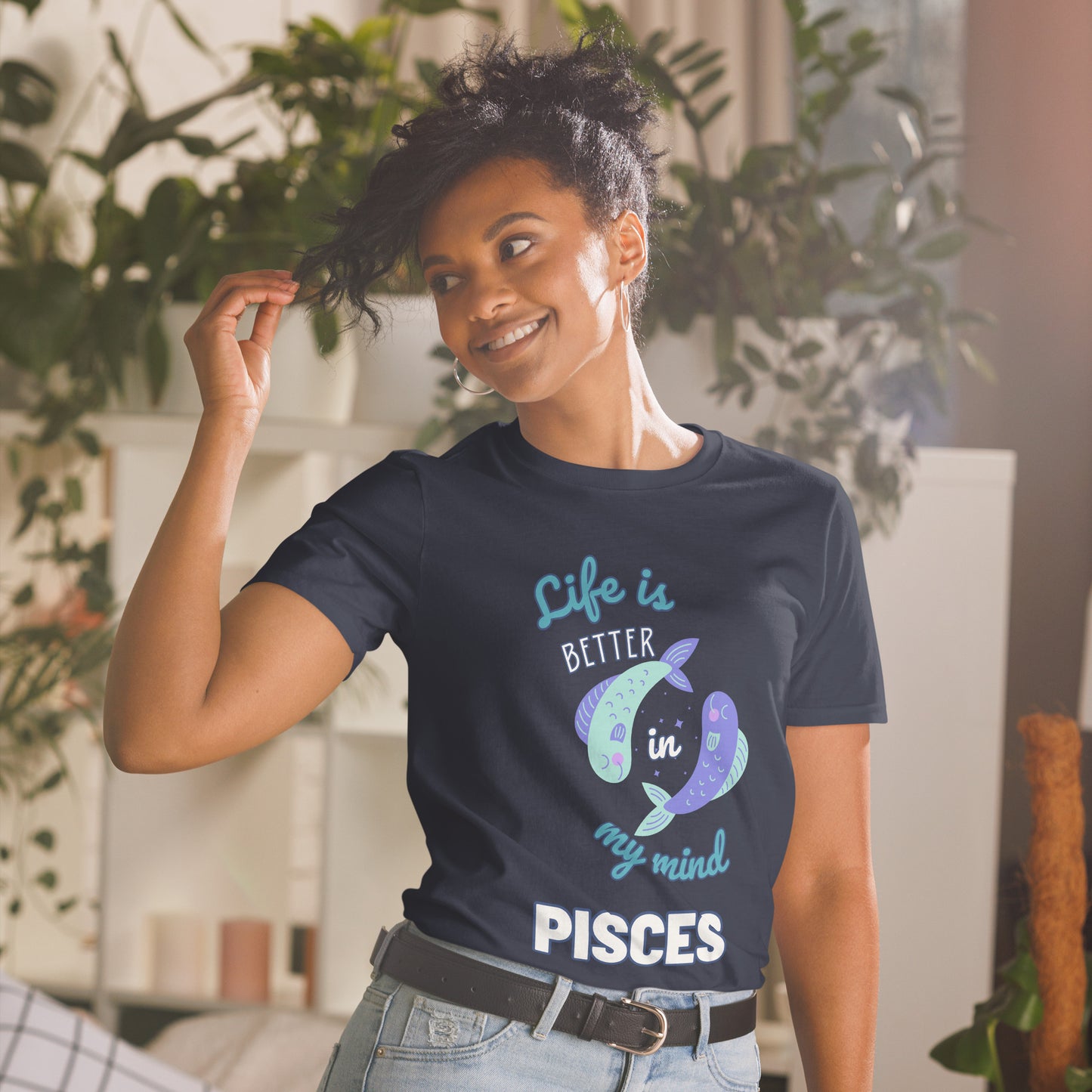 navy "Life Is Better in My Mind" Pisces zodiac tee with dreamy blue and purple fish graphics, perfect for showcasing your whimsical side.