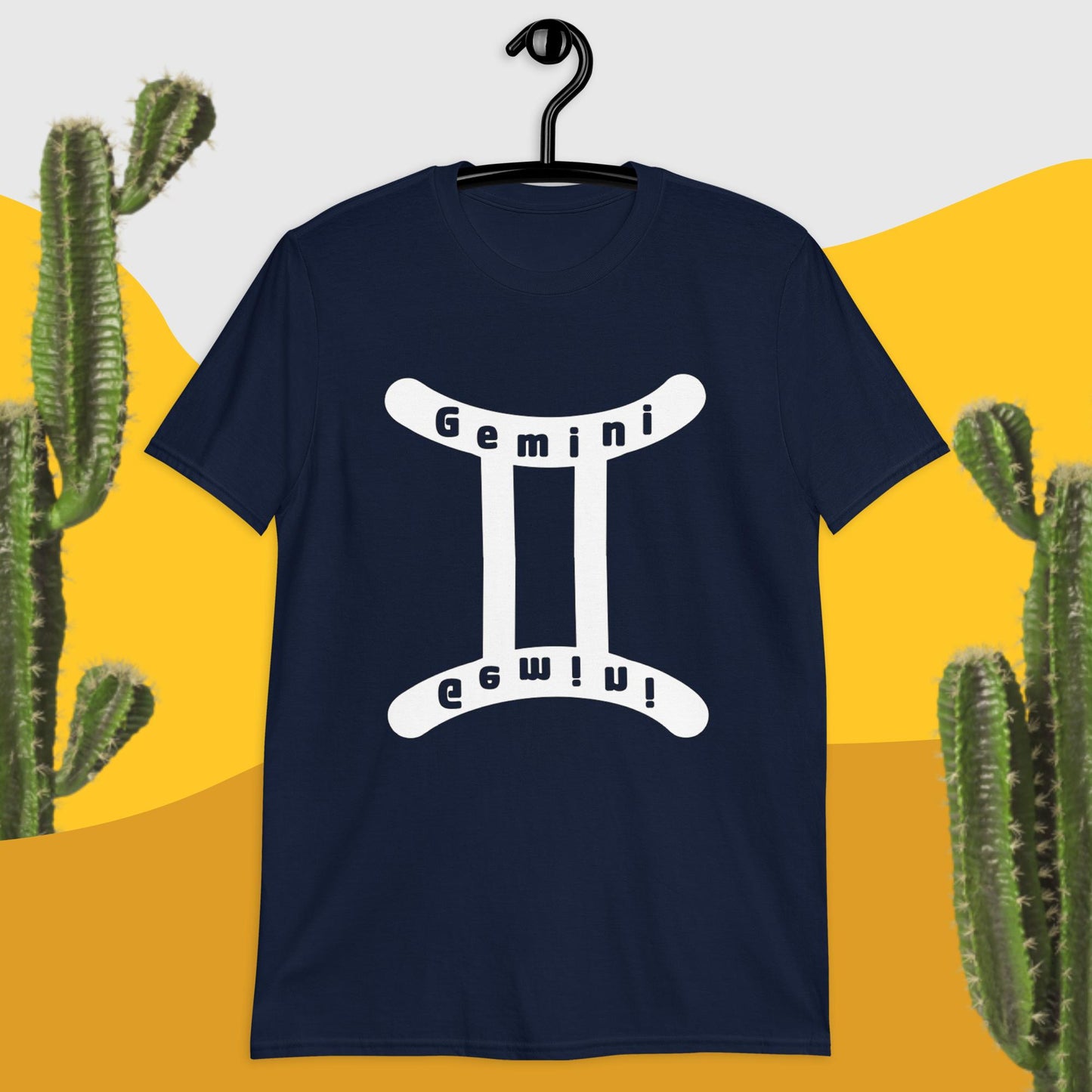 Navy T-Shirt with white Gemini symbol. Gemini is spelled out in the symbol in the top curve of the symbol and mirrored upside down on the bottom curve in the symbol