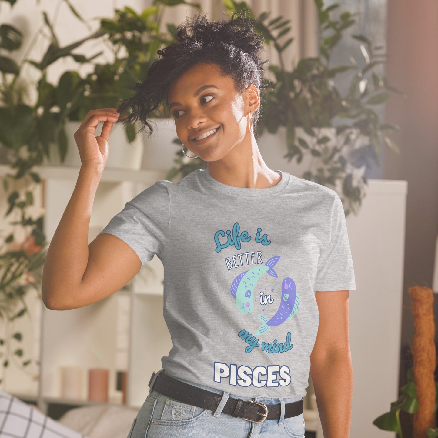 sport grey "Life Is Better in My Mind" Pisces zodiac tee with dreamy blue and purple fish graphics, perfect for showcasing your whimsical side.