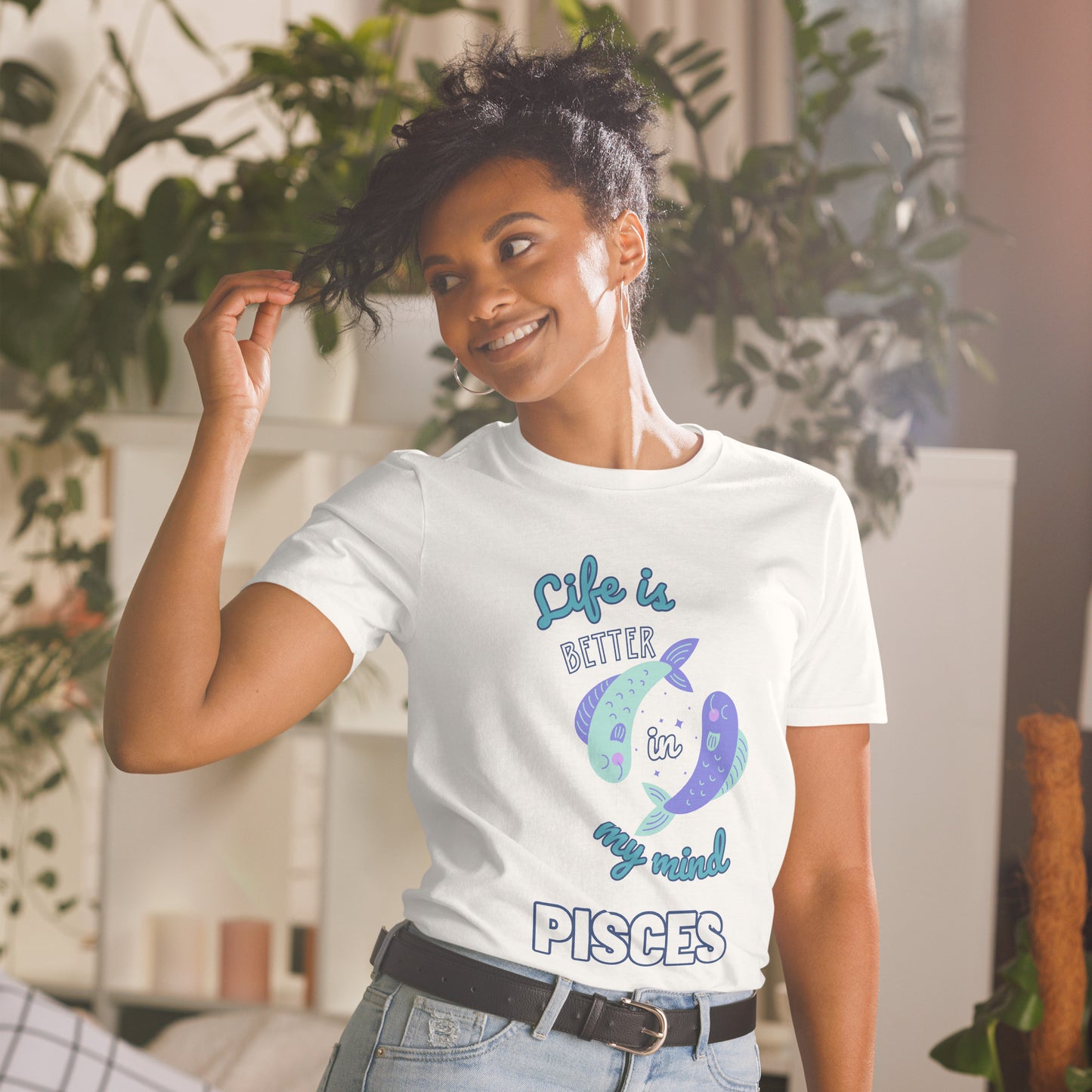 "Life Is Better in My Mind" Pisces zodiac tee with dreamy blue and purple fish graphics, perfect for showcasing your whimsical side.