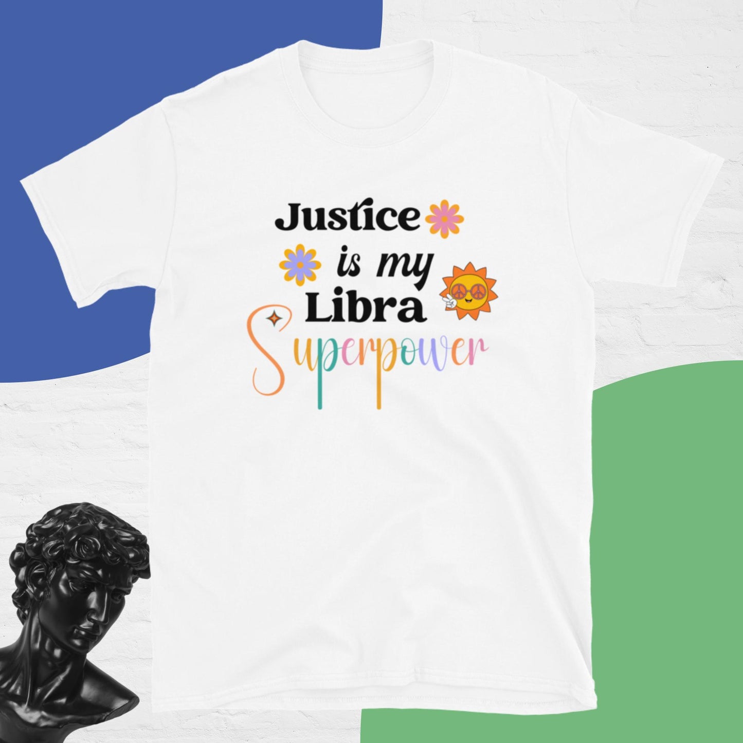 white Retro "Justice Is My Libra Superpower" T-shirt with groovy, vintage-inspired graphics, celebrating the Libra zodiac sign's commitment to fairness and balance.