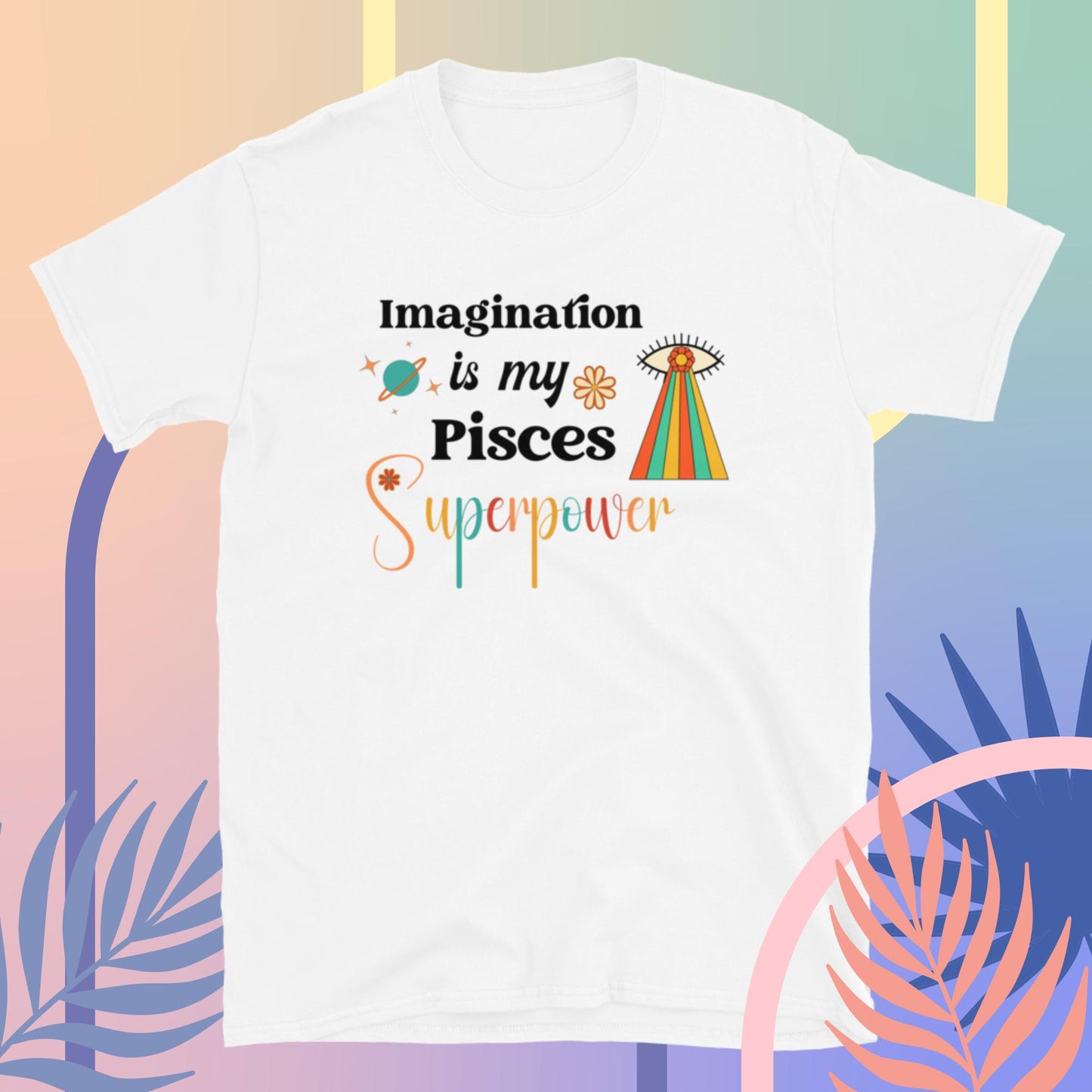 White retro Pisces t-shirt featuring groovy colors and graphics, perfect for showcasing your zodiac sign with nostalgic flair.