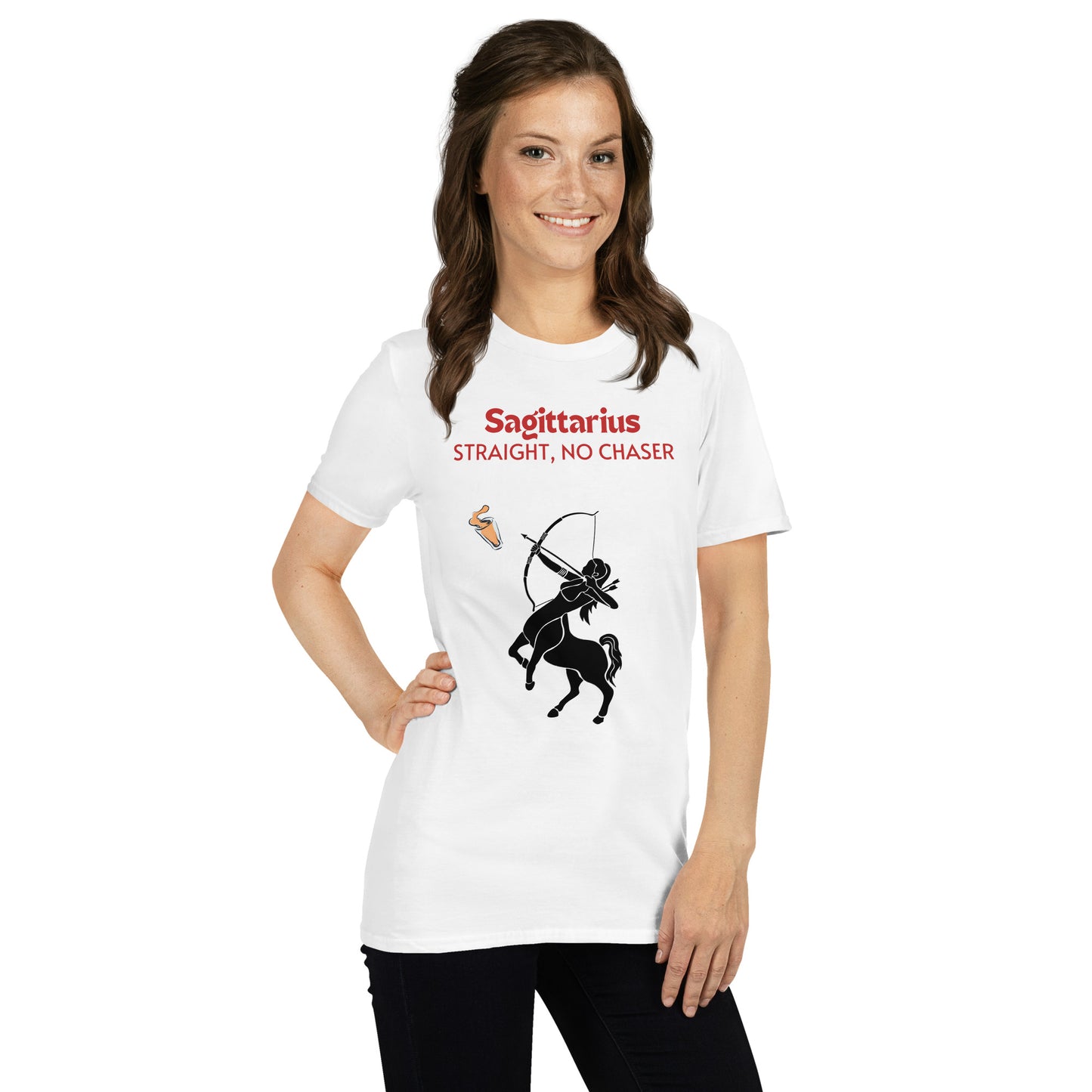model wearing A white t-shirt lying flat on a light background, featuring a bold "Sagittarius - Straight, No Chaser" design. The graphic showcases a black centaur archer aiming at a drink, embodying the fearless and straightforward nature of Sagittarius.
