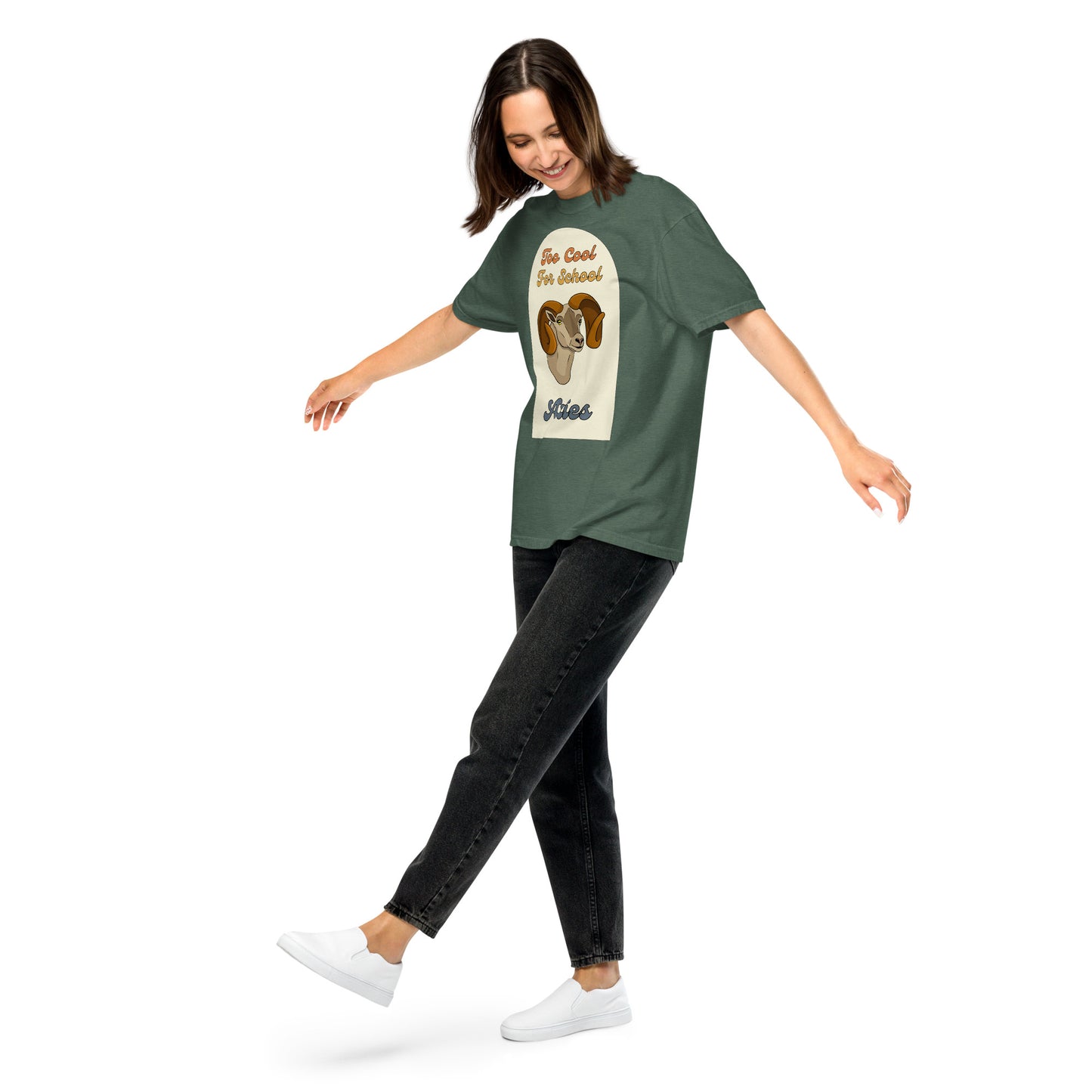 green aries zodiac sign retro t-shirt that says too cool for school aries with a picture of a cartoon ram