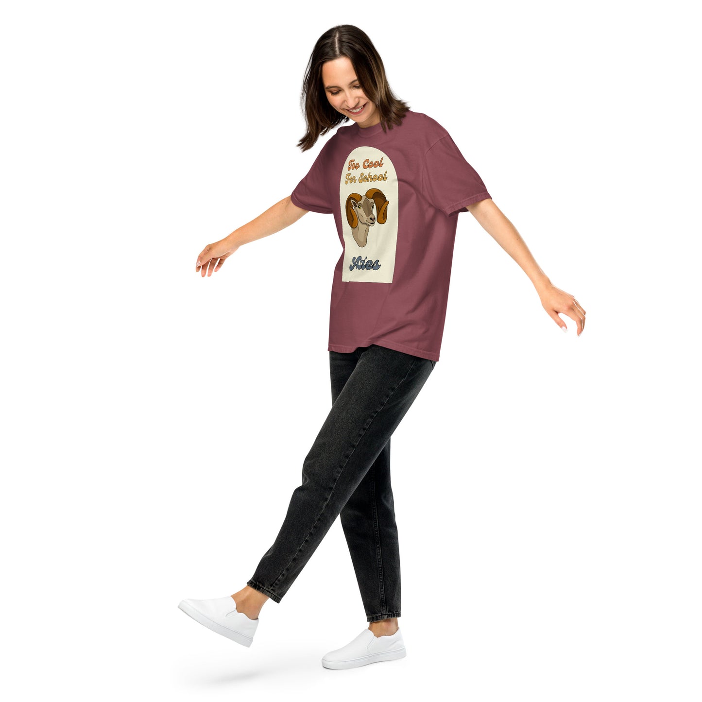 maroon/brick aries zodiac sign retro t-shirt that says too cool for school aries with a picture of a cartoon ram