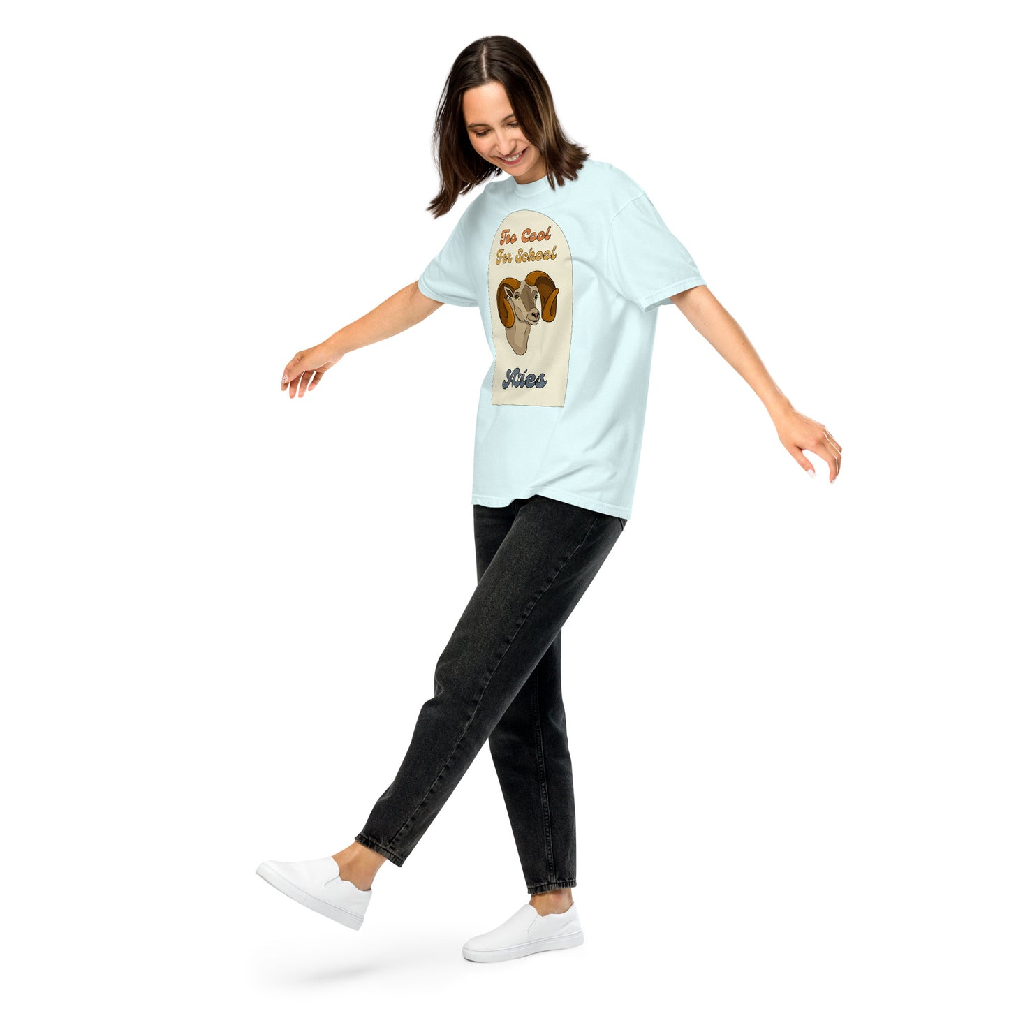 light blue aries zodiac sign retro t-shirt that says too cool for school aries with a picture of a cartoon ram