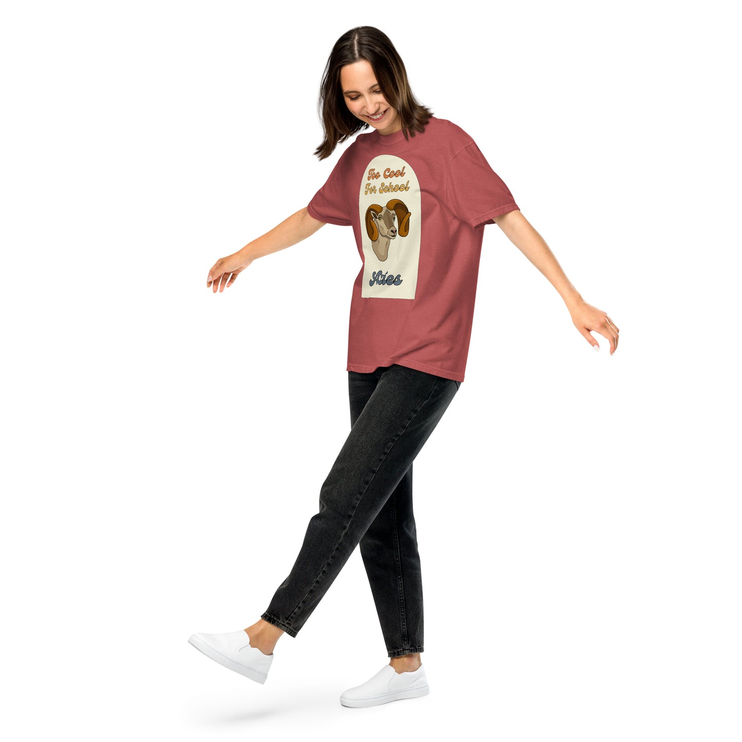 crimson colored aries zodiac sign retro t-shirt that says too cool for school aries with a picture of a cartoon ram