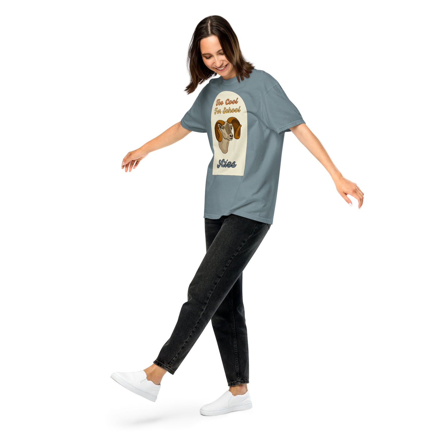ice blue-grey aries zodiac sign retro t-shirt that says too cool for school aries with a picture of a cartoon ram