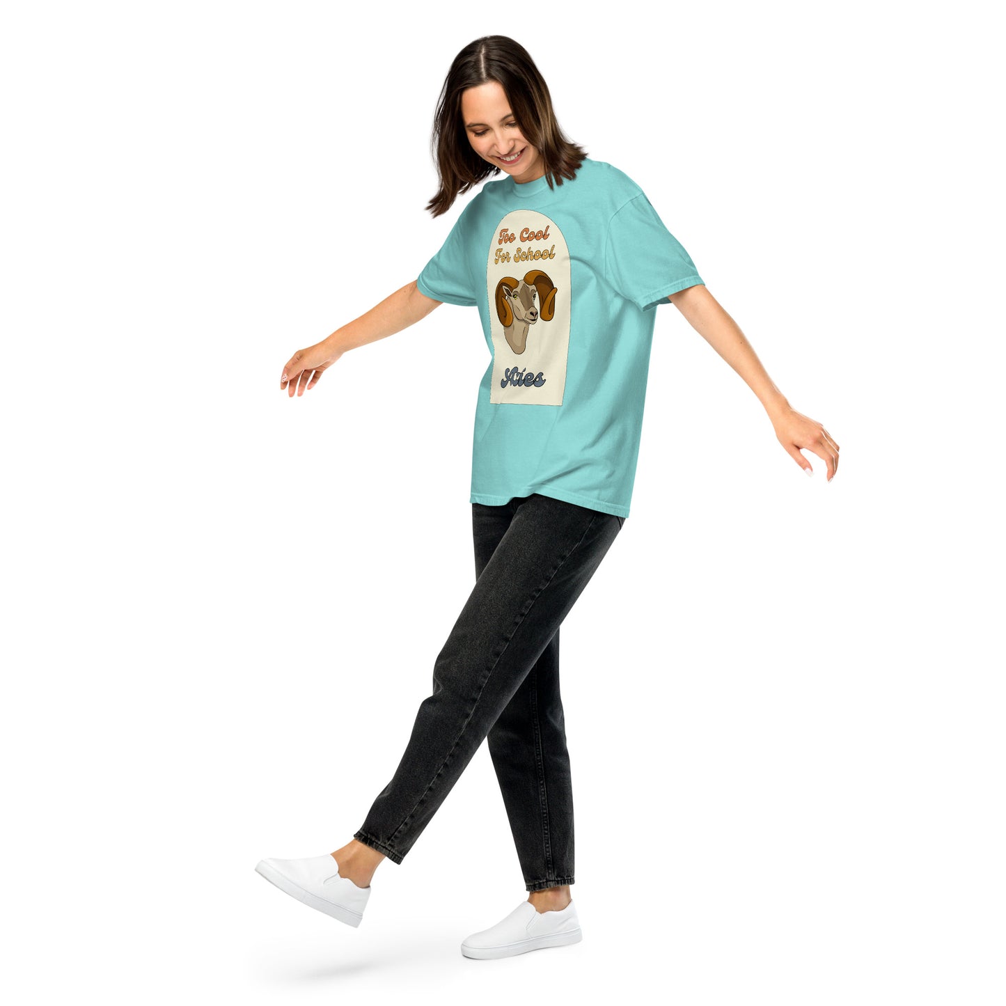lagoon-blue aries zodiac sign retro t-shirt that says too cool for school aries with a picture of a cartoon ram