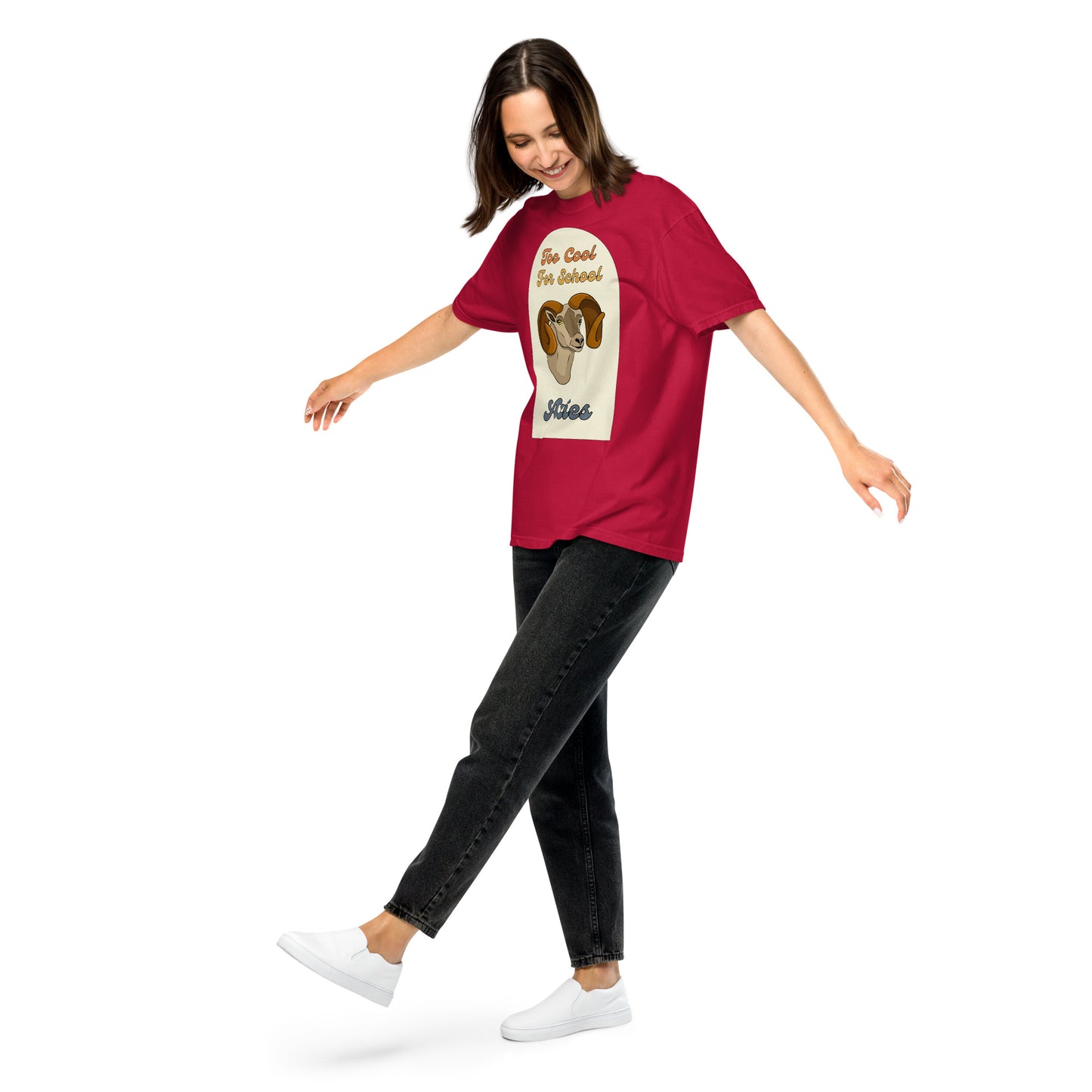 red aries zodiac sign retro t-shirt that says too cool for school aries with a picture of a cartoon ram