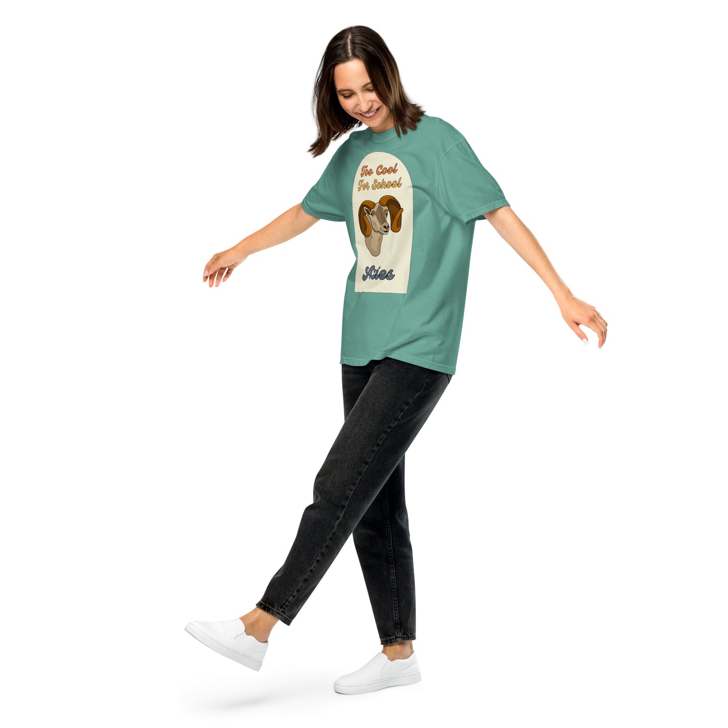 green-blue aries zodiac sign retro t-shirt that says too cool for school aries with a picture of a cartoon ram