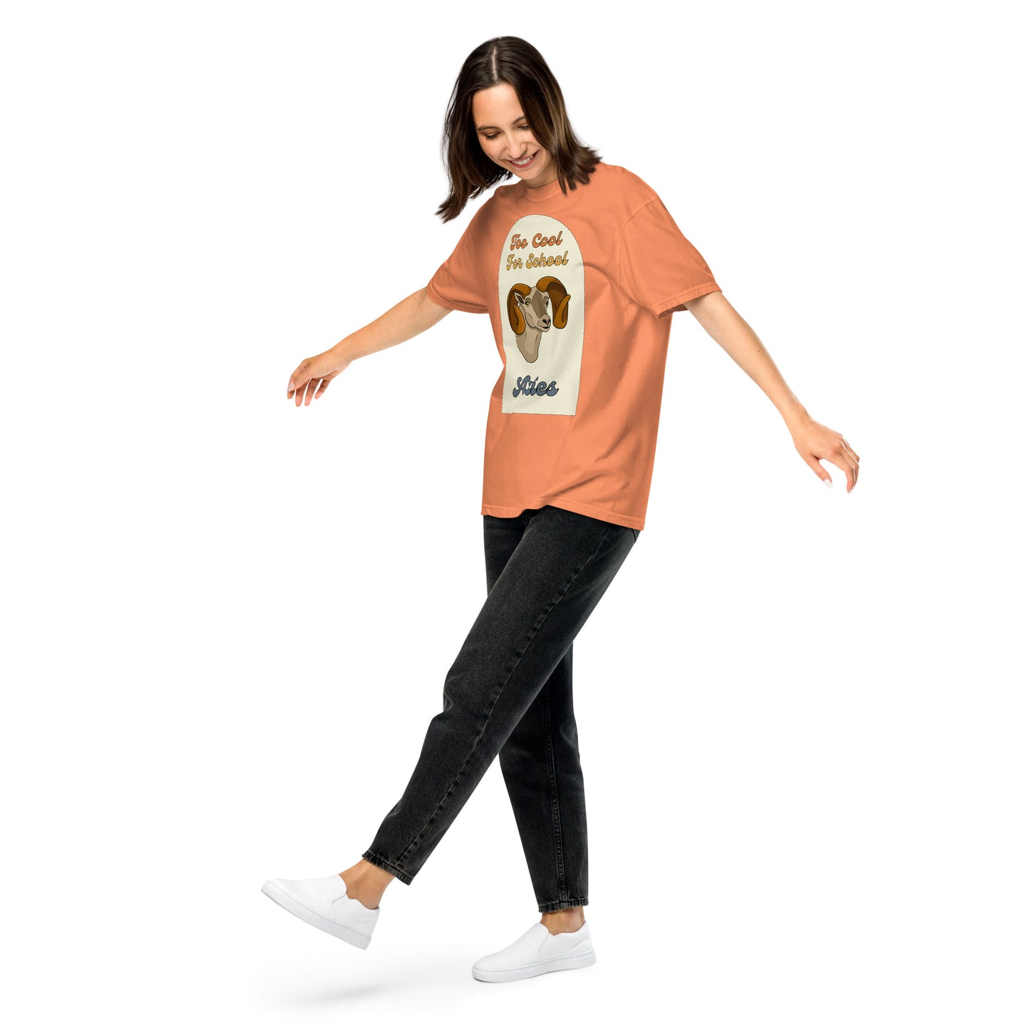terracotta-orange aries zodiac sign retro t-shirt that says too cool for school aries with a picture of a cartoon ram
