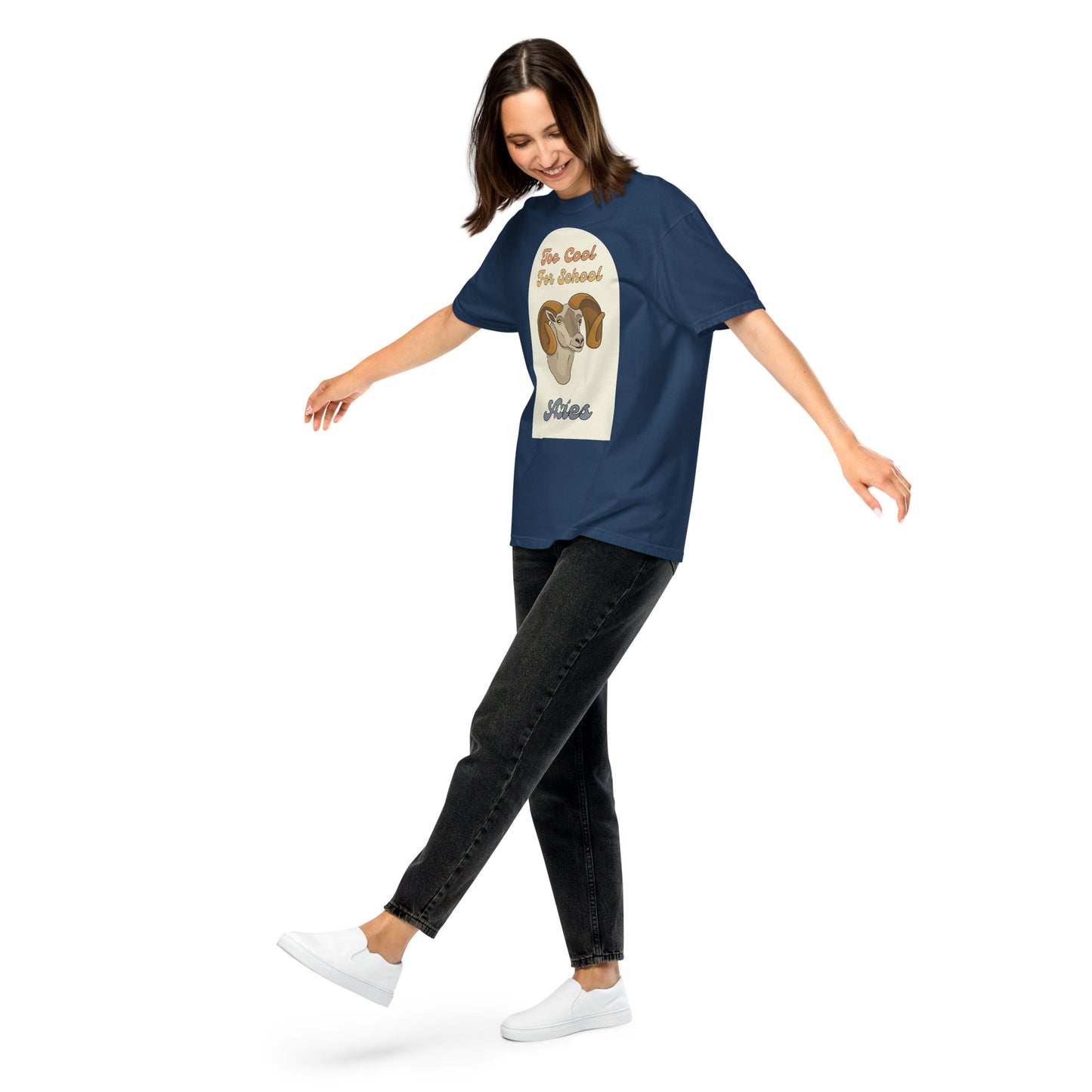 navy aries zodiac sign retro t-shirt that says too cool for school aries with a picture of a cartoon ram