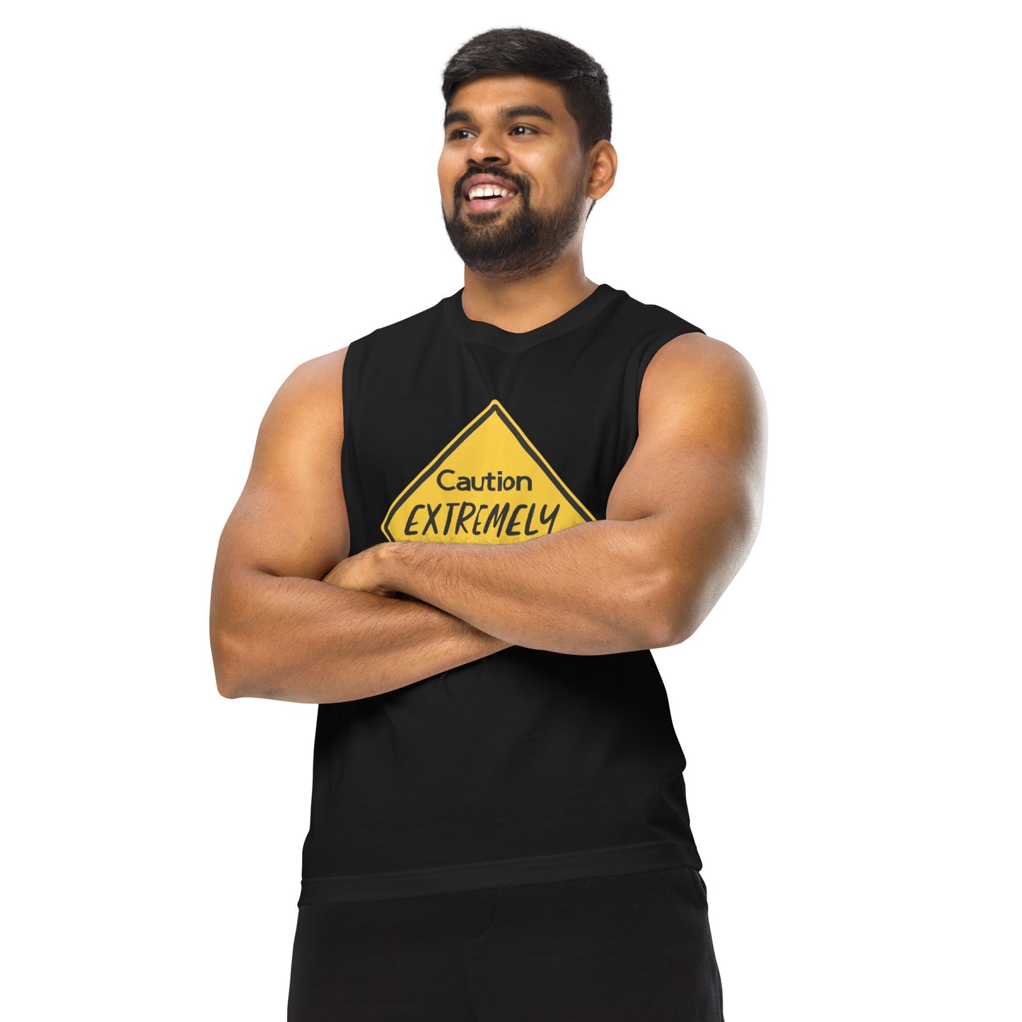 A person wearing a tank top with a yellow sign that reads "Caution: Extremely Libra."