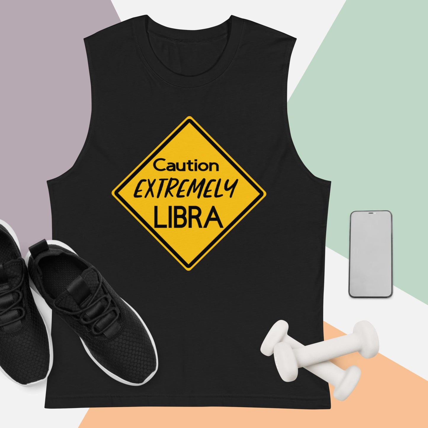 black tank top with a yellow sign that reads "Caution: Extremely Libra."