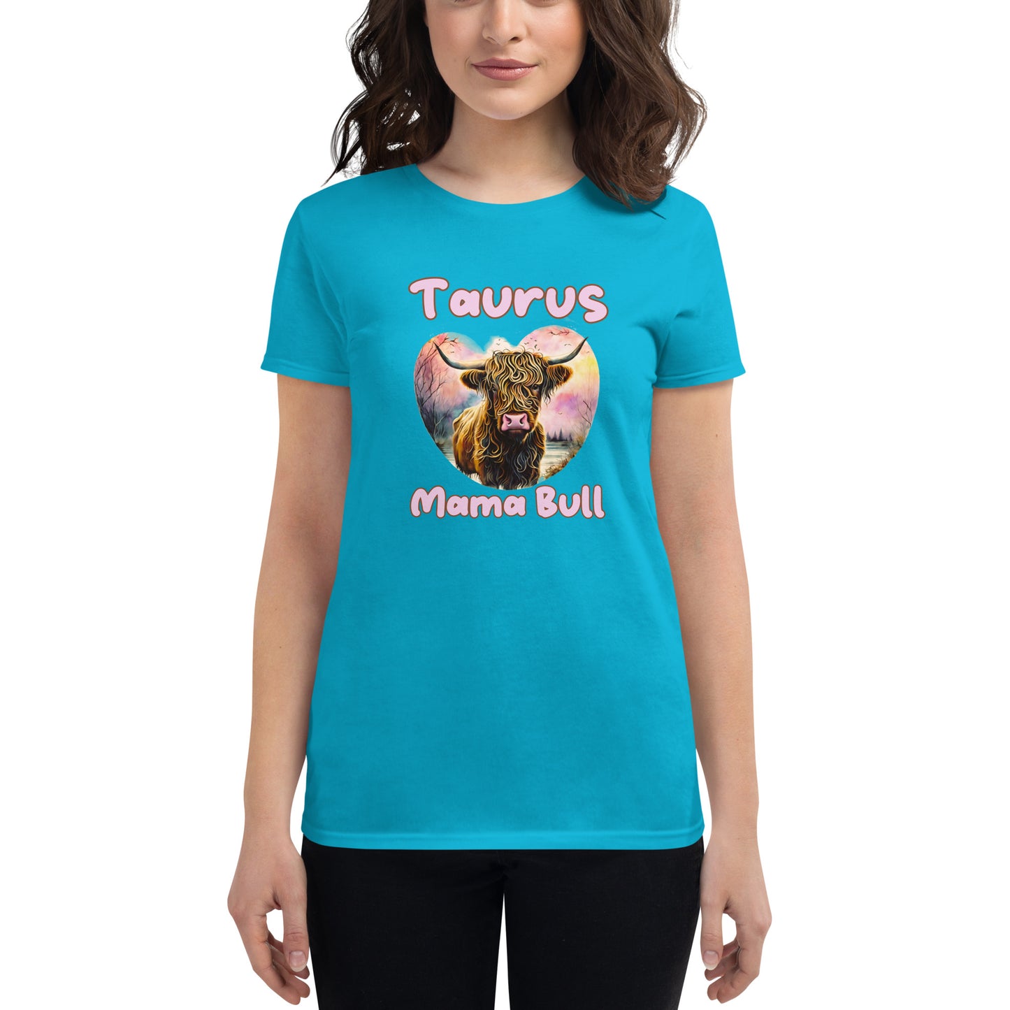 caribbean blue t-shirt with a colorful illustration of a bull, captioned "Taurus Mama Bull" in playful text.